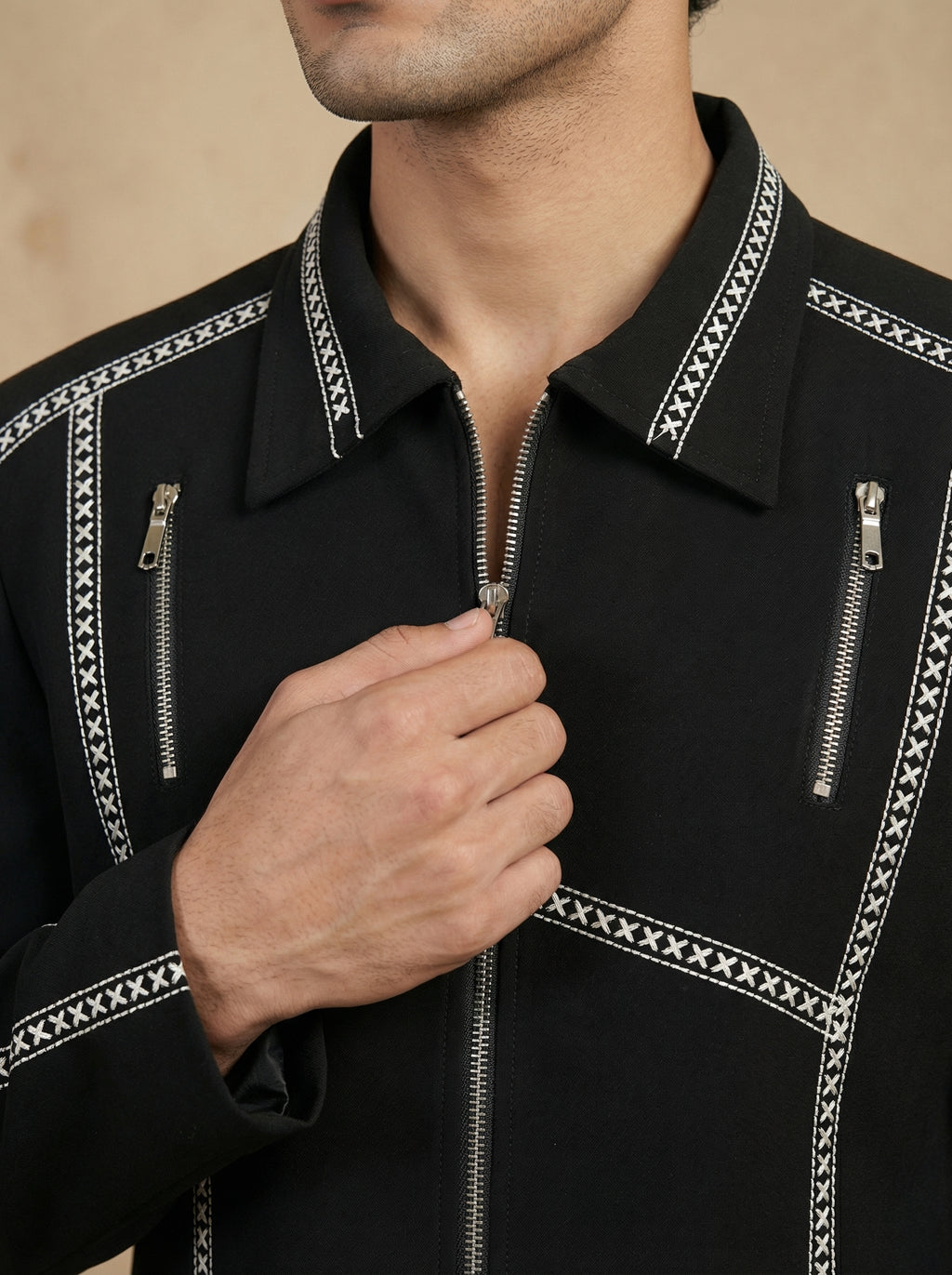 Shacket with thread work and zip