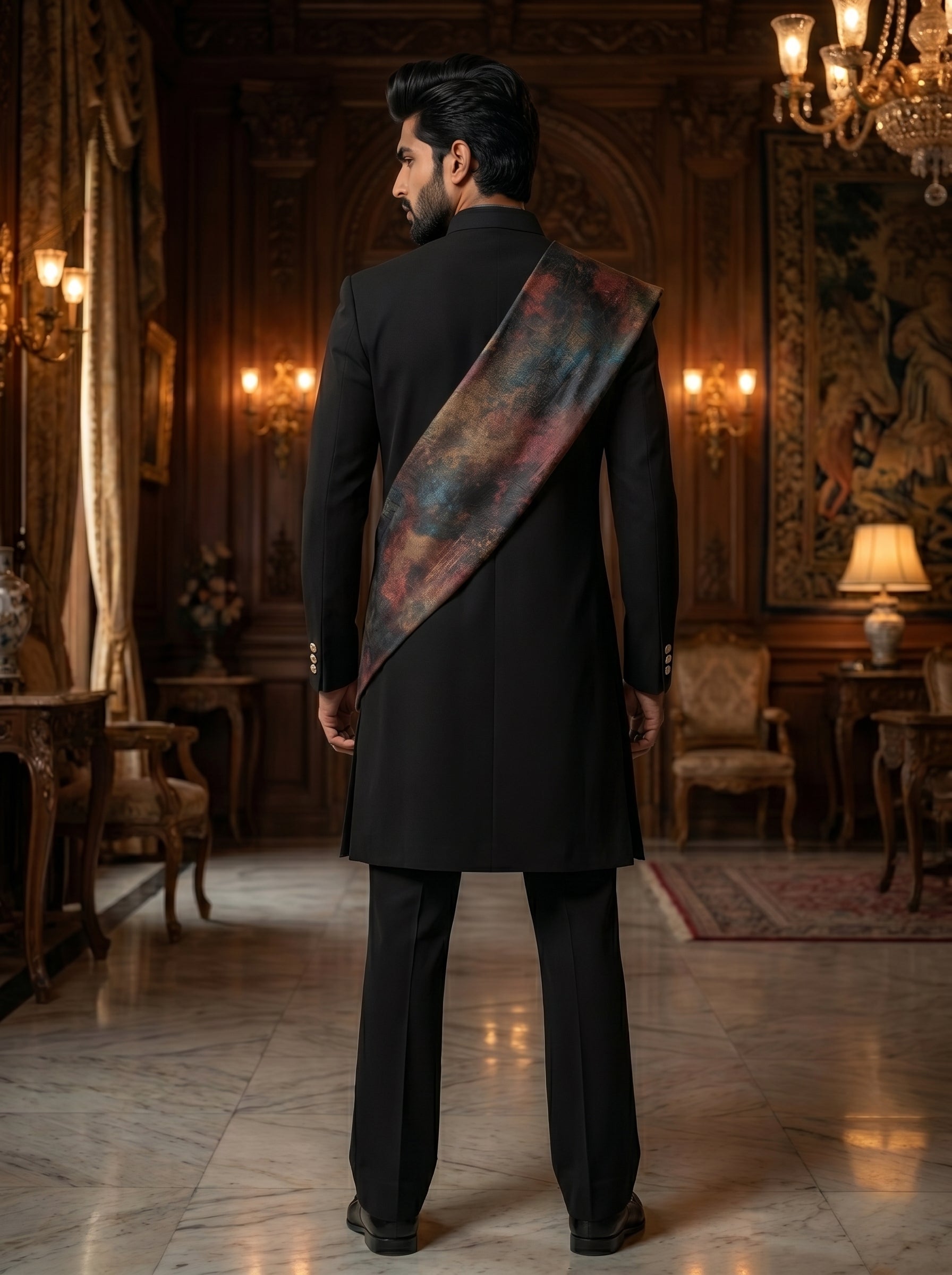 Achkan with metal broach and thread embroidered with a stall