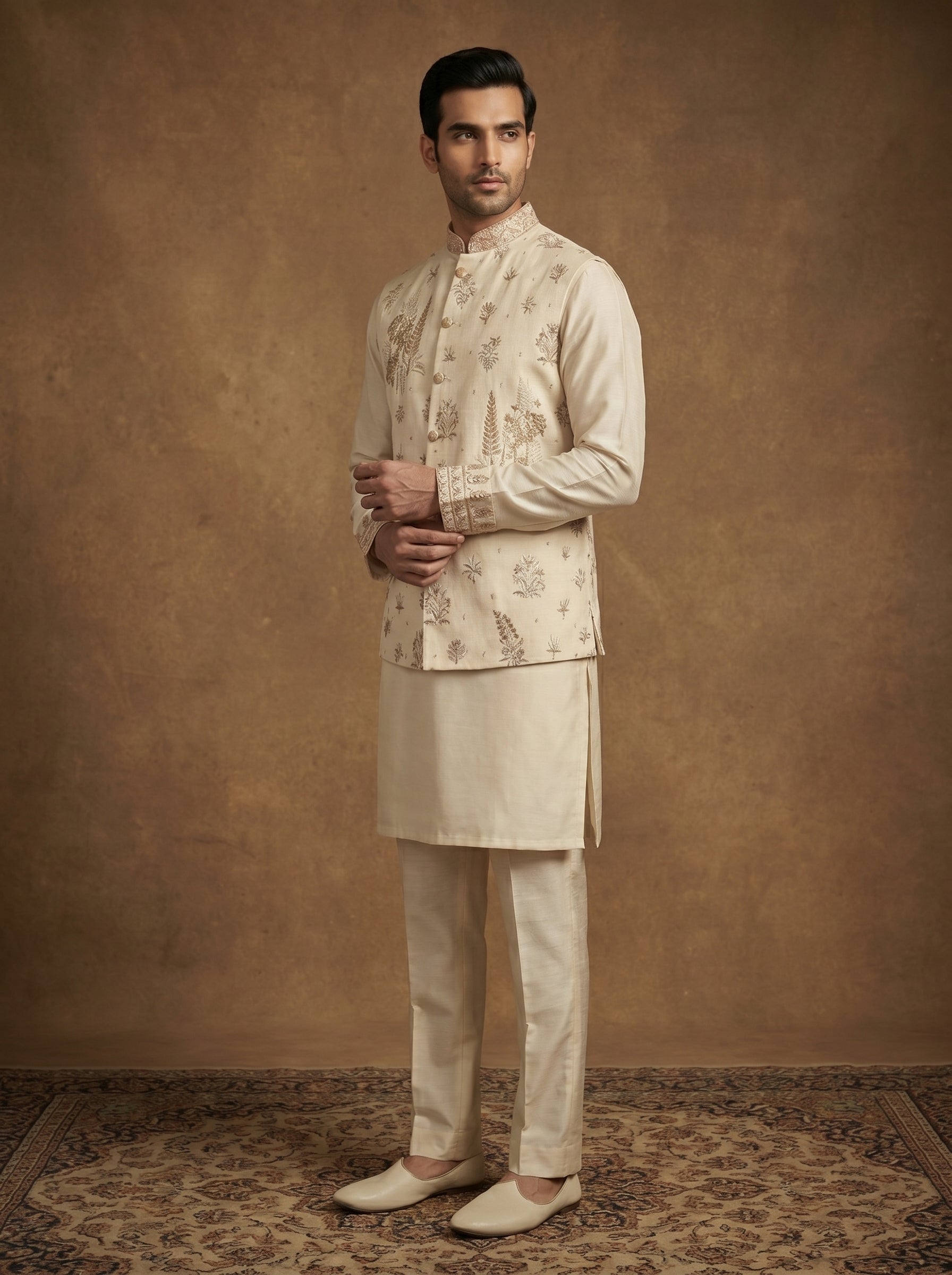 Hand Embroidered Silk Kurta Pajama Waistcoat Set