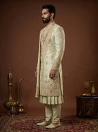 Silk Pista Sherwani With Hand Embroidery