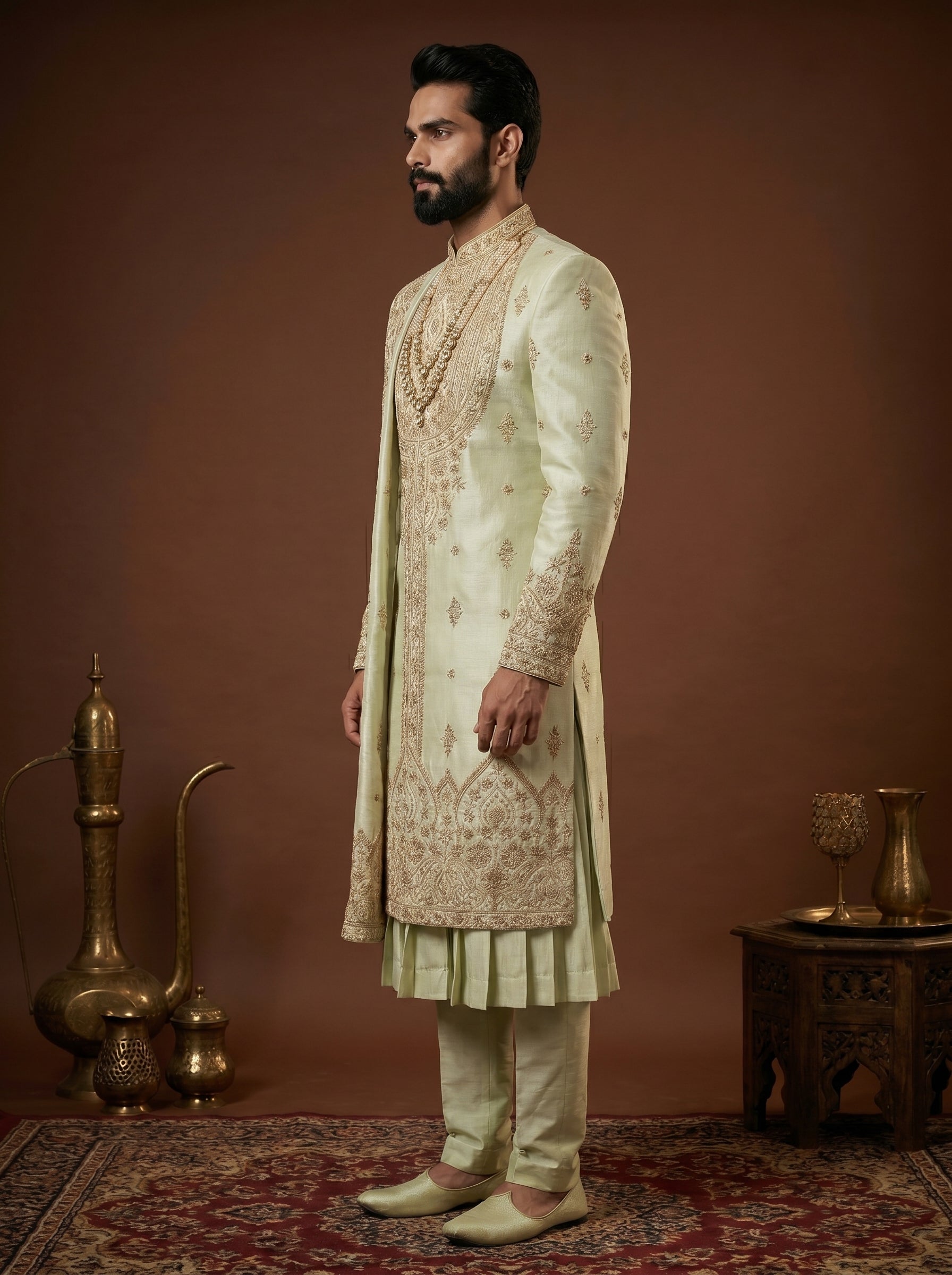Silk Pista Sherwani With Hand Embroidery