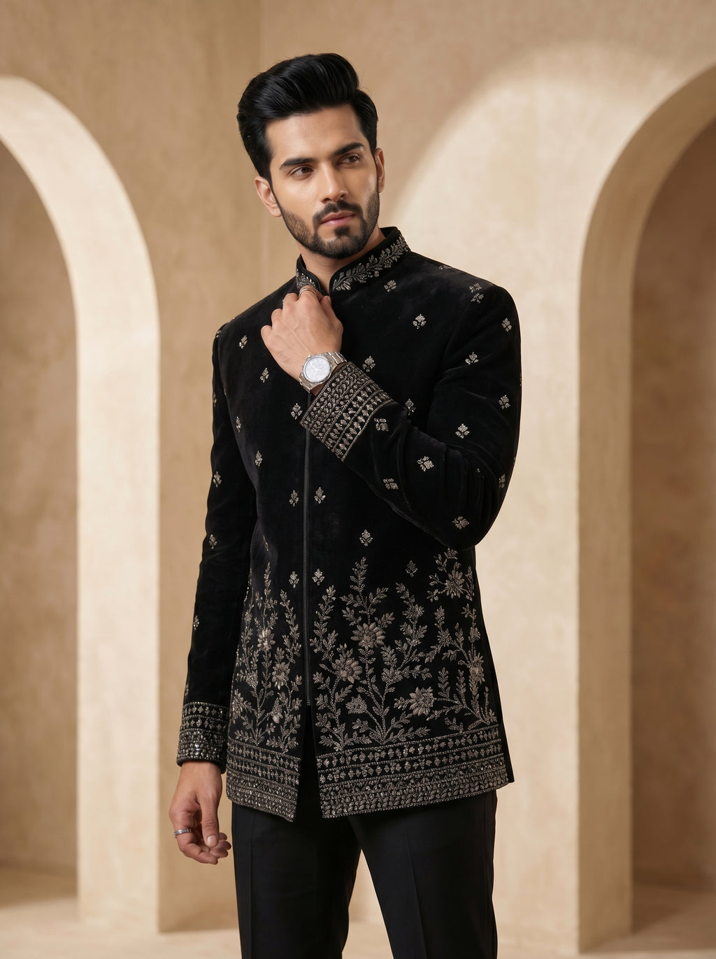 Hand Embroidered silk velvet Indo western