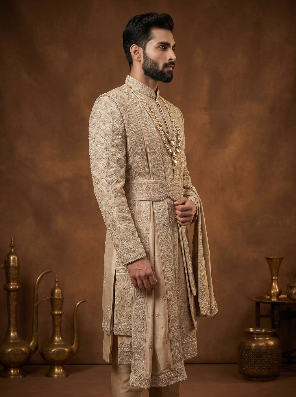 Silk Champagne Gold Sherwani With Hand Embroidery