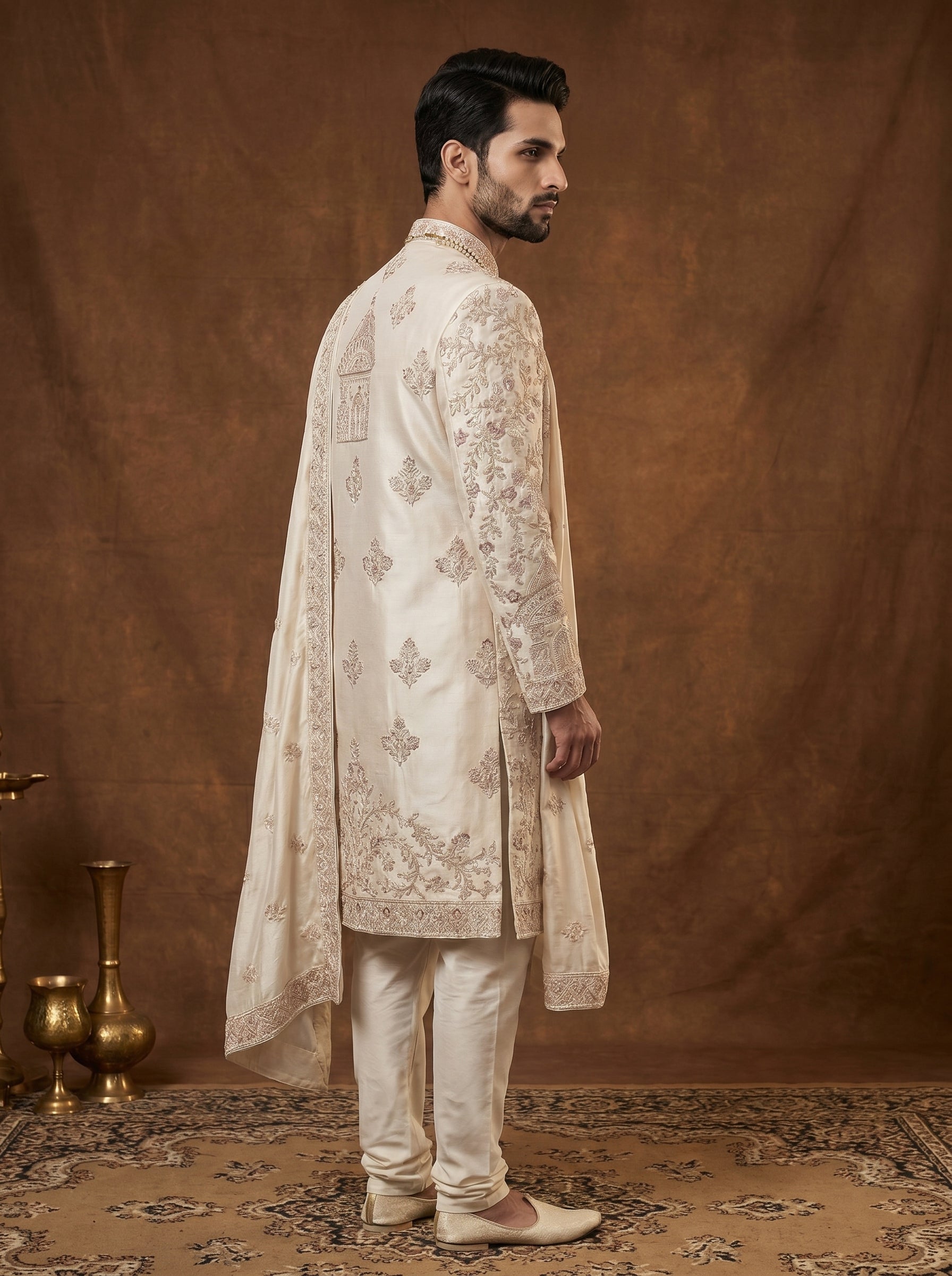 Silk Beige Sherwani With Hand Embroidery