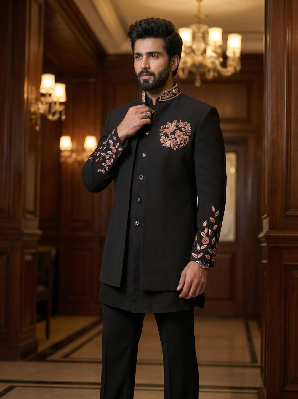 Black thread embroidered front open jodhpuri