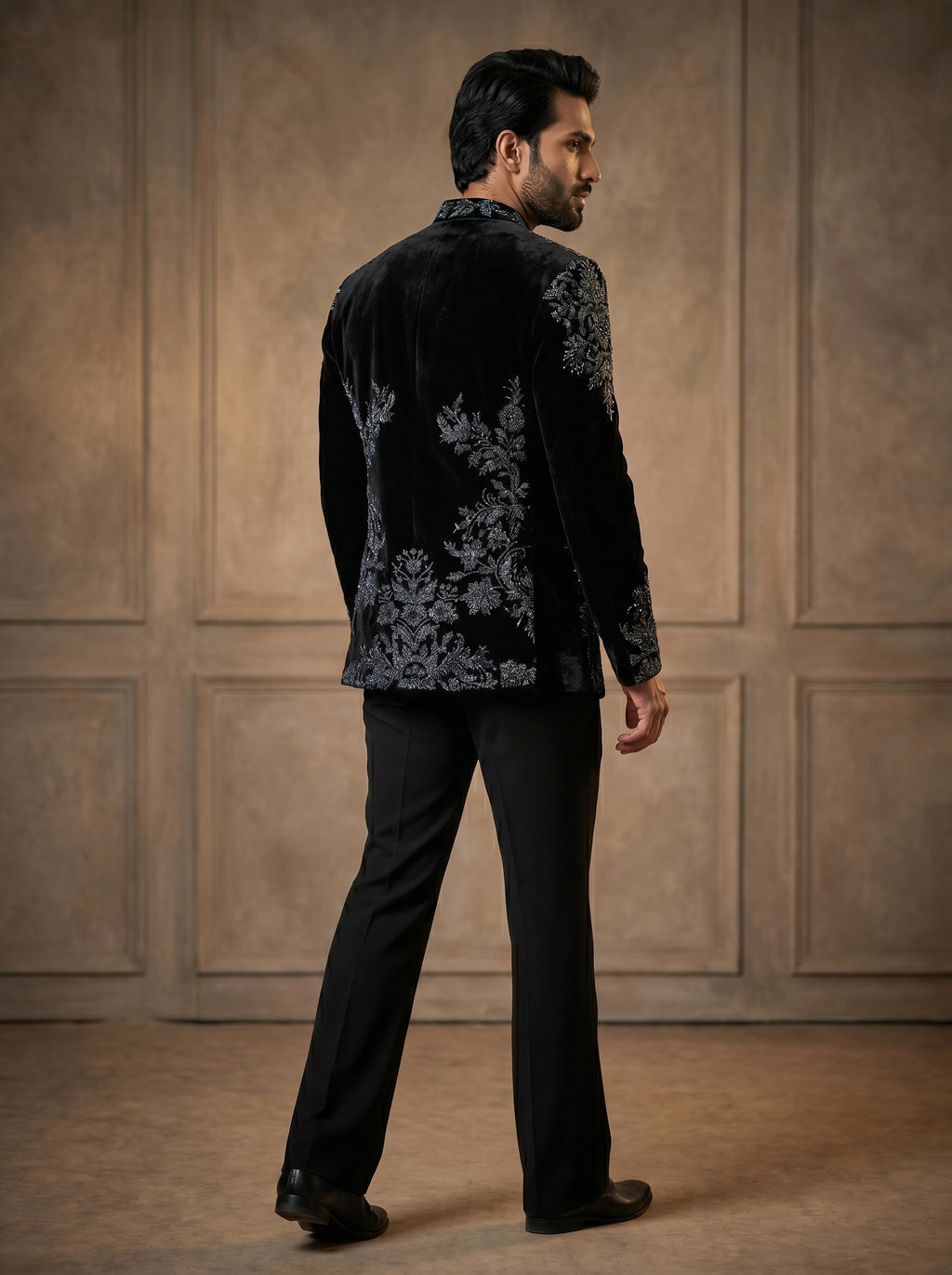 Black velvet handwork front open jodhpuri with V jacket