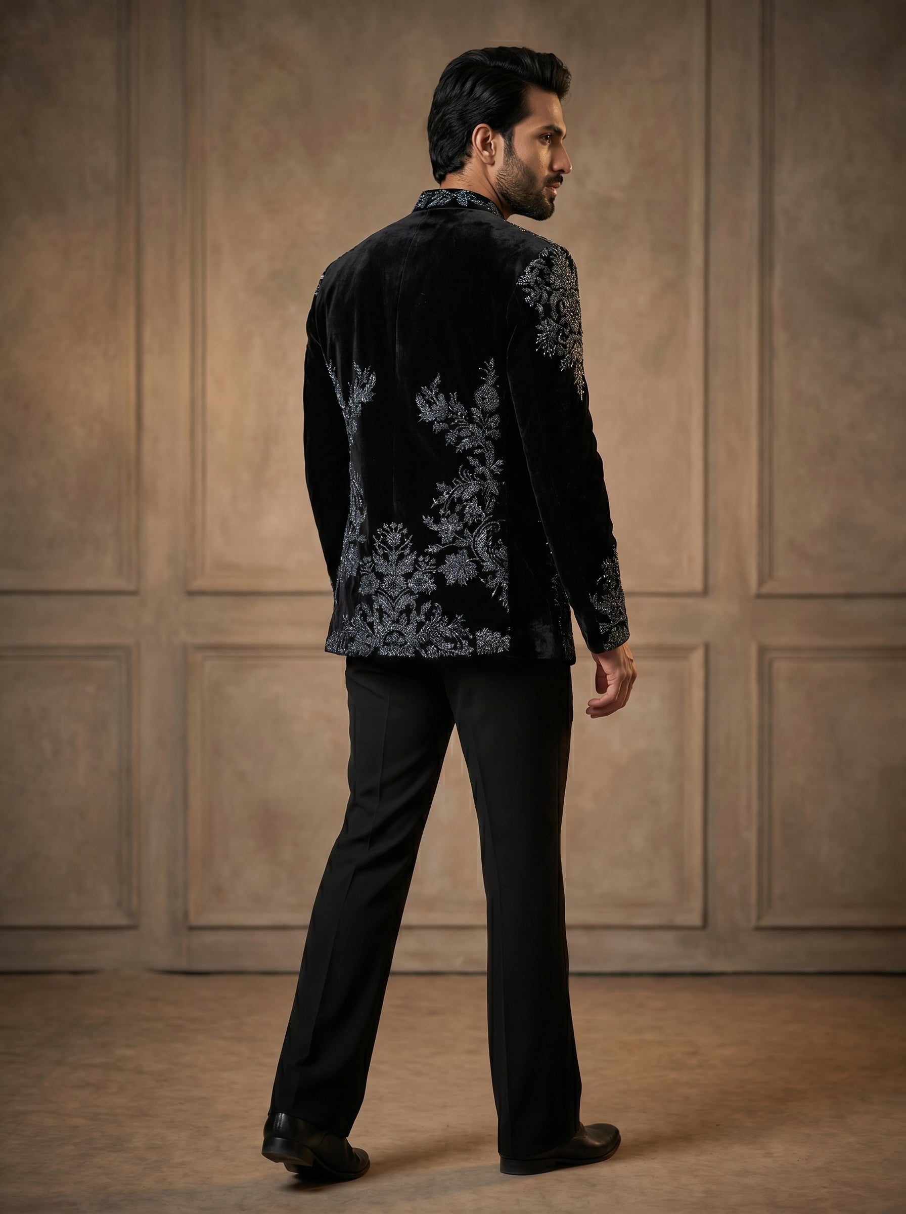 Black velvet handwork front open jodhpuri with V jacket