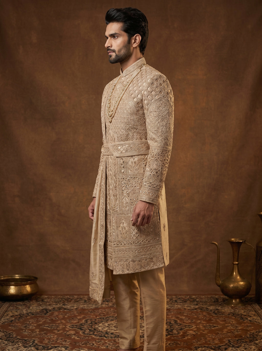 Silk Beige Gold Sherwani With Hand Embroidery