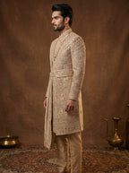 Silk Beige Gold Sherwani With Hand Embroidery