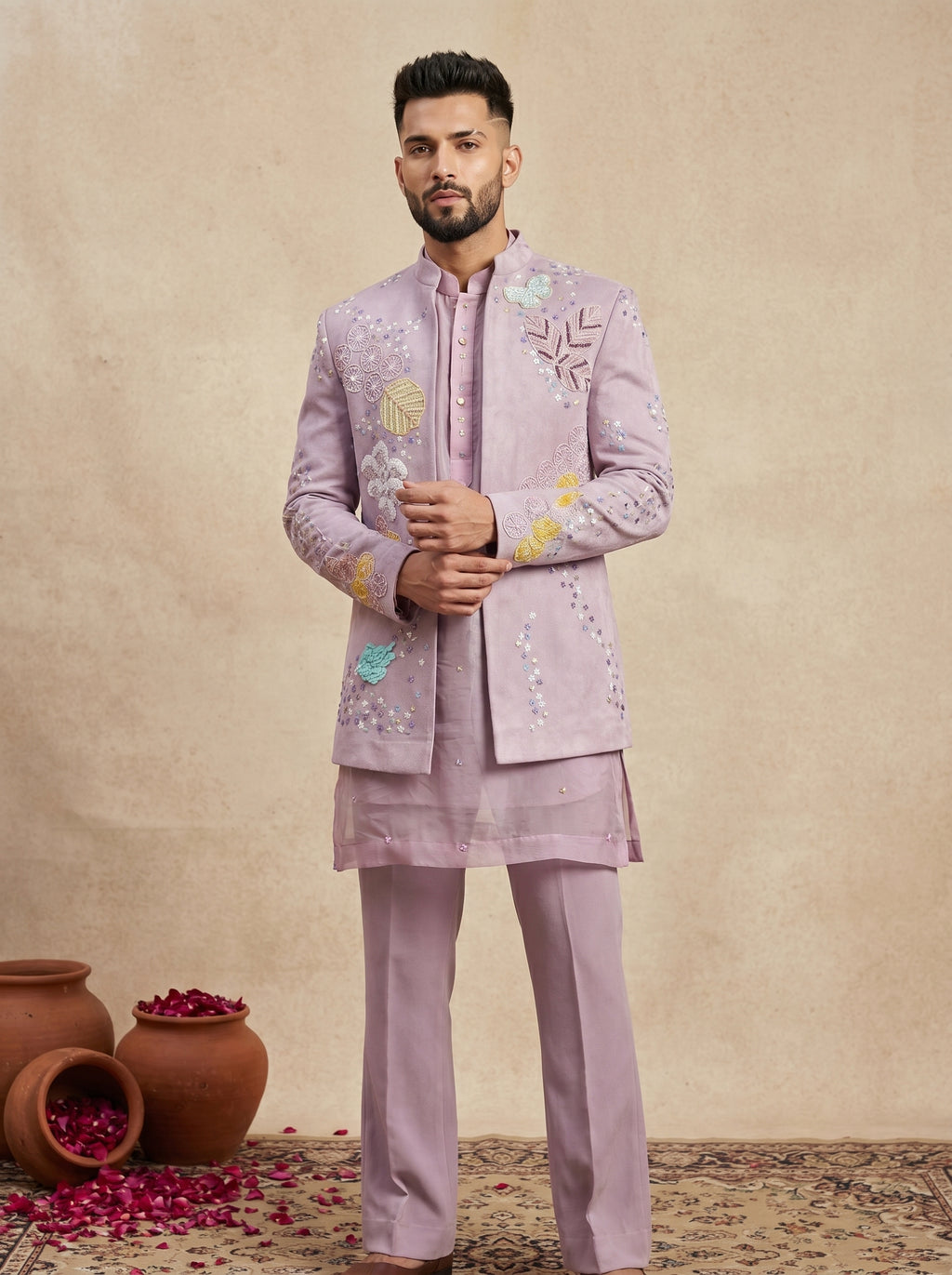Velvet Multicolor Hand Embroidered Indo Western
