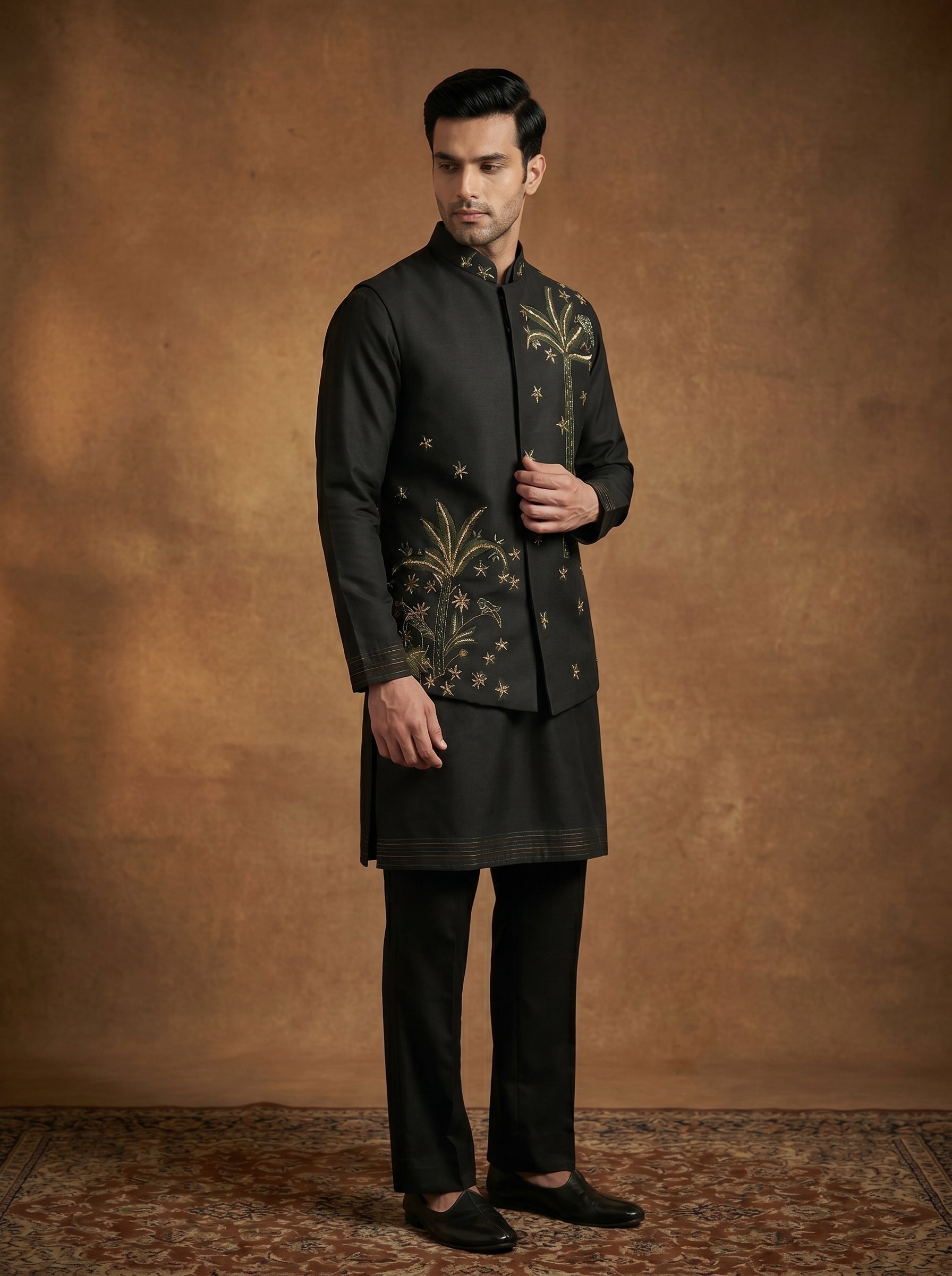 Hand Embroidered Silk Kurta Pajama Waistcoat Set