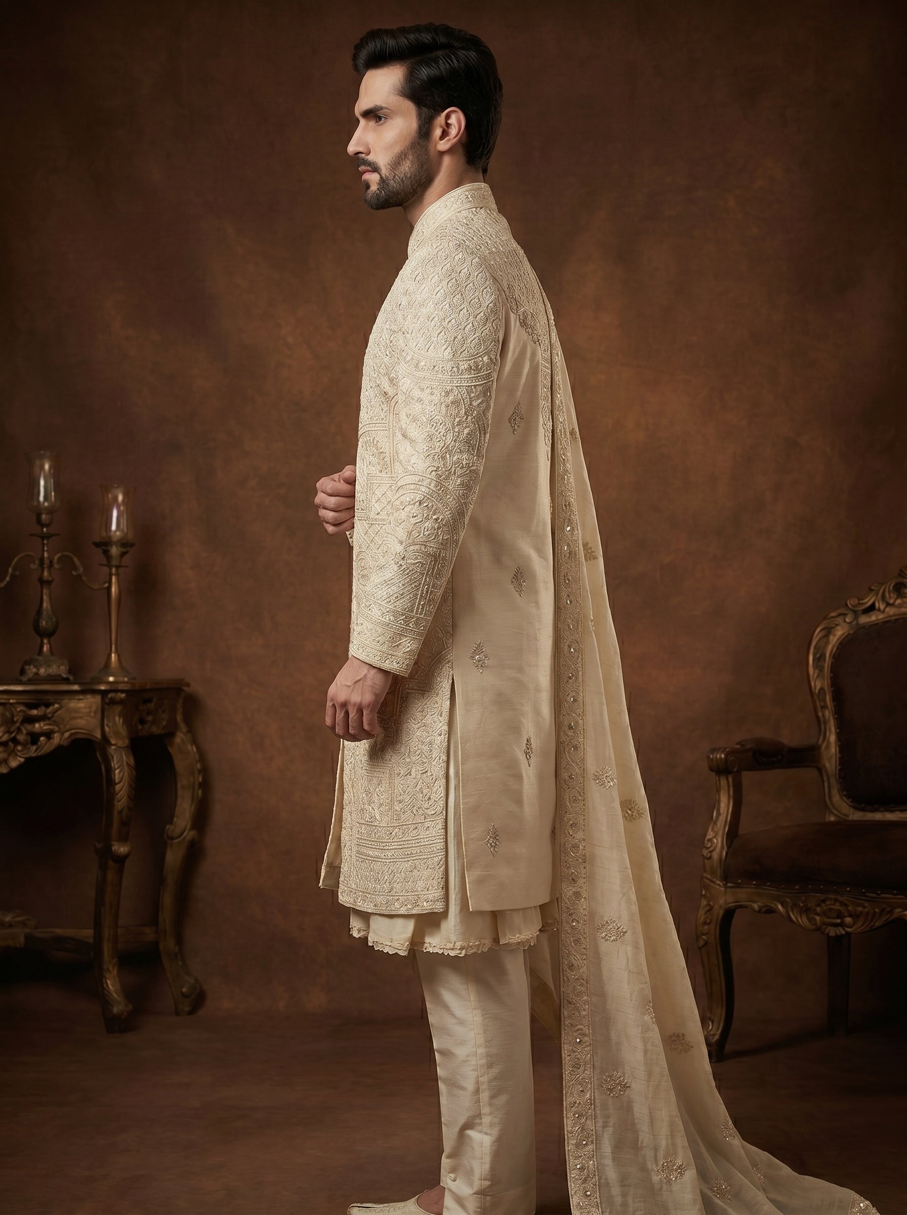 Beige Silk Sherwani With Hand Embroidery
