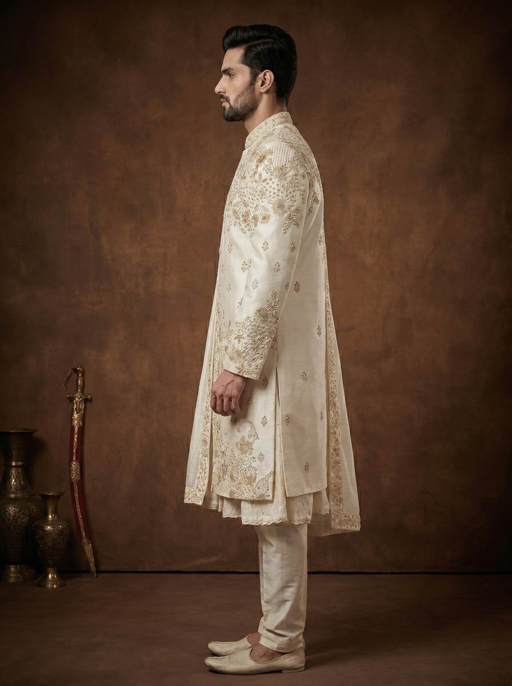 Ivory Silk Sherwani With Hand Embroidery