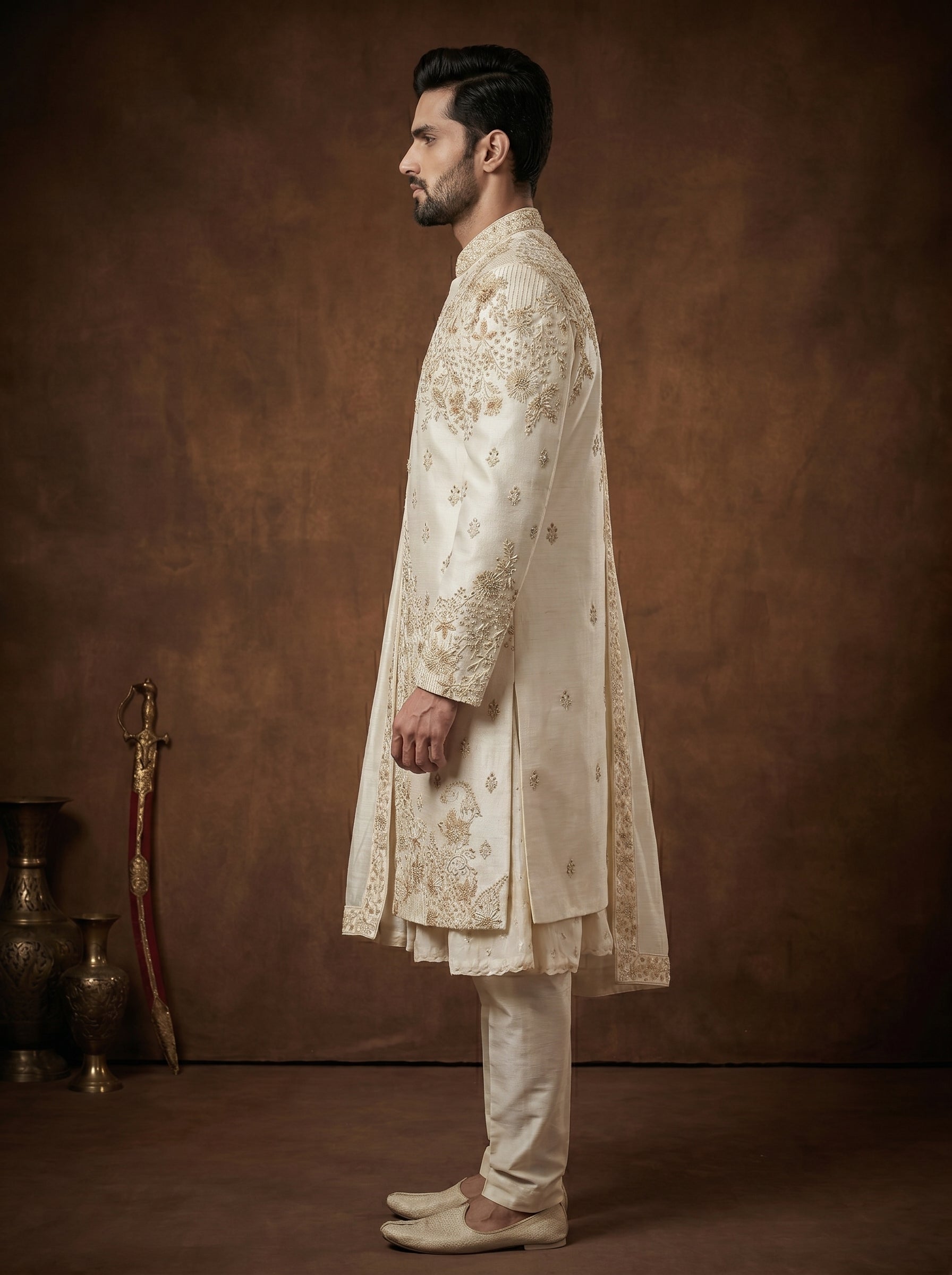 Ivory Silk Sherwani With Hand Embroidery