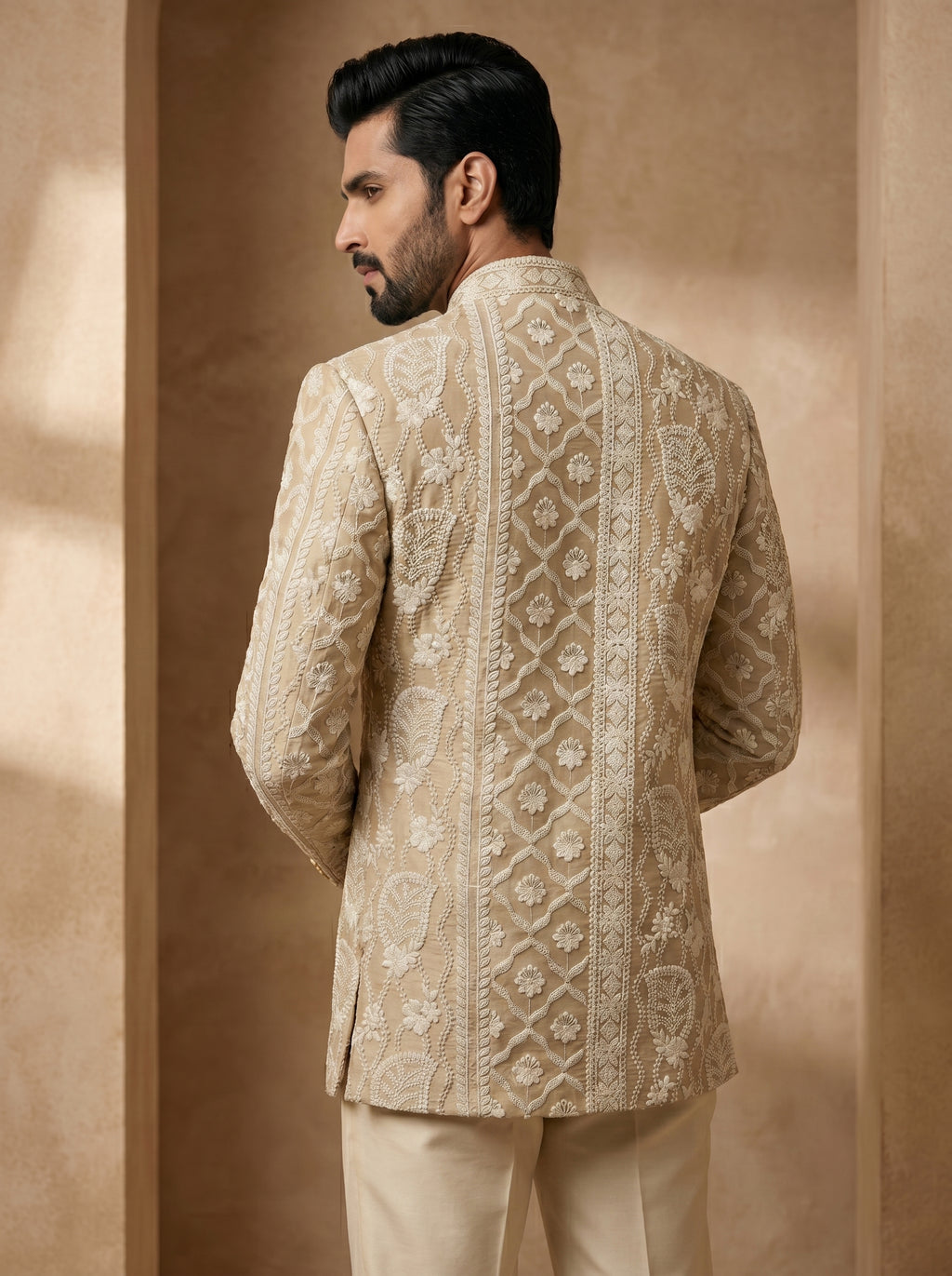 Nude color thread embroidered indo western
