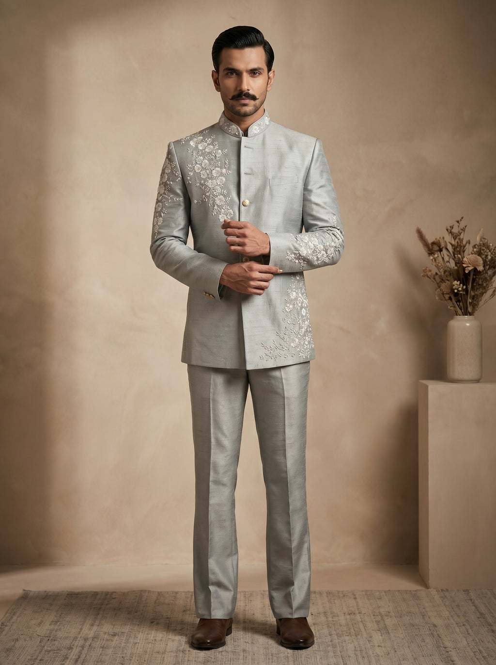 Raw silk hand embroidered bandgala