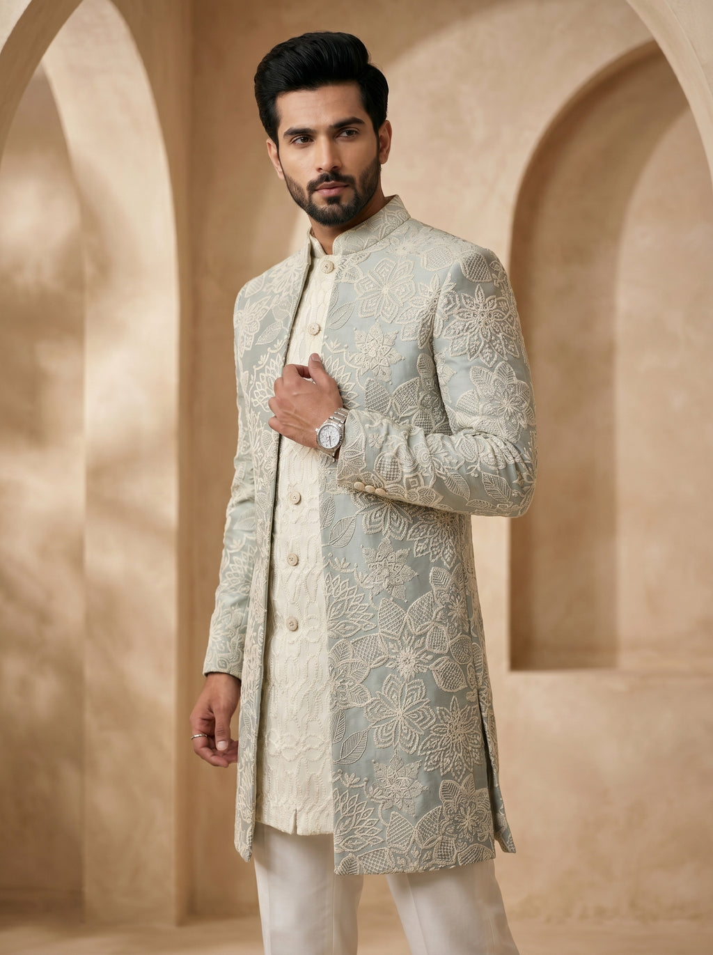 Powder blue thread embroidered indo western