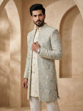 Powder blue thread embroidered indo western