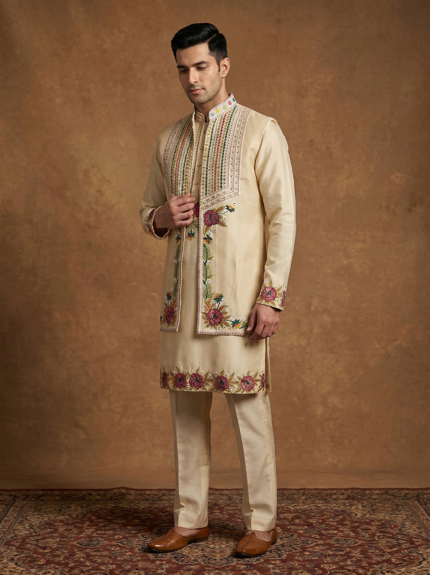 Hand Embroidered Silk Kurta Pajama Waistcoat Set