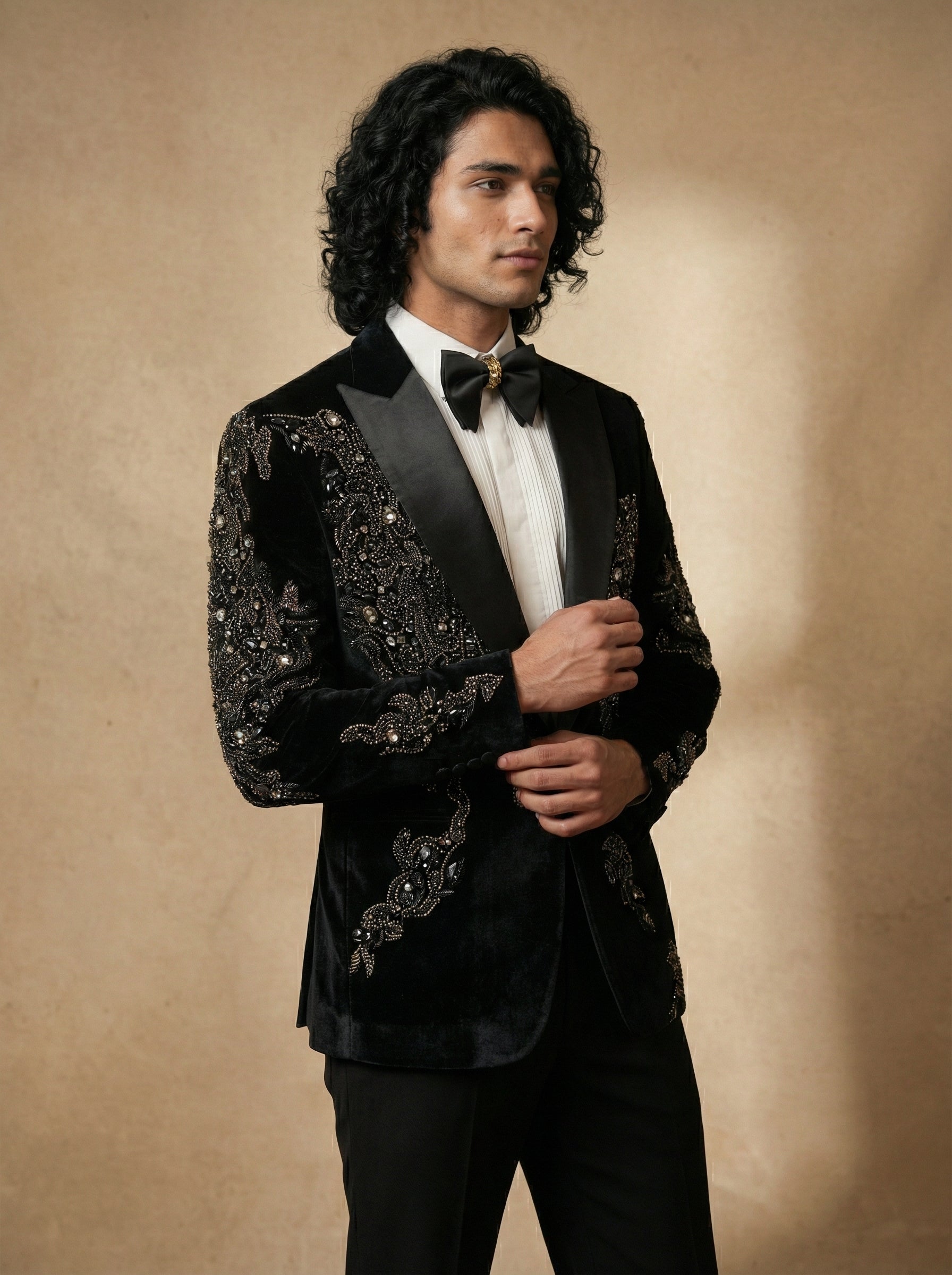 Velvet hand embroidered tuxedo with gemstone