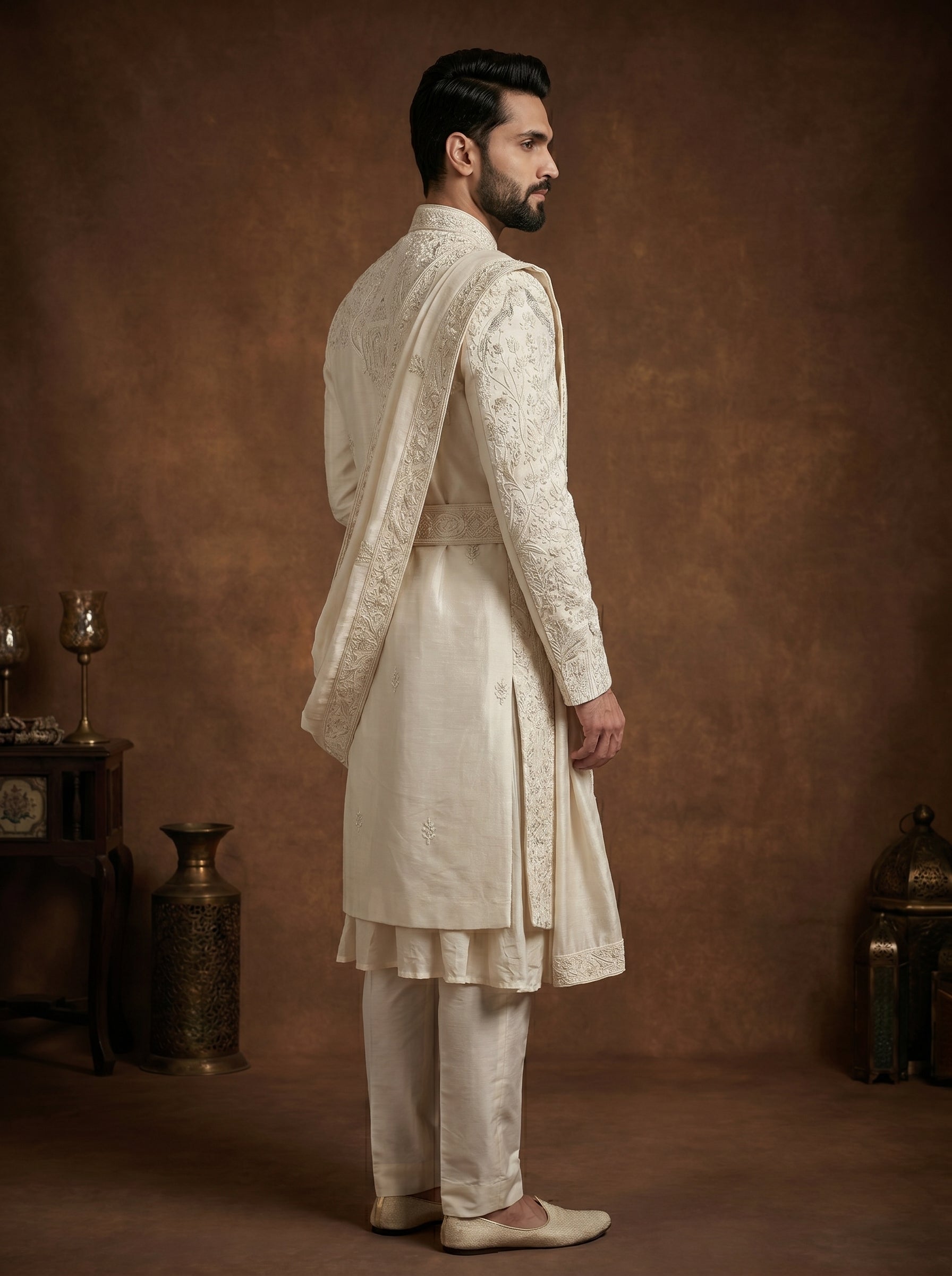 Ivory Silk Sherwani With Hand Embroidery