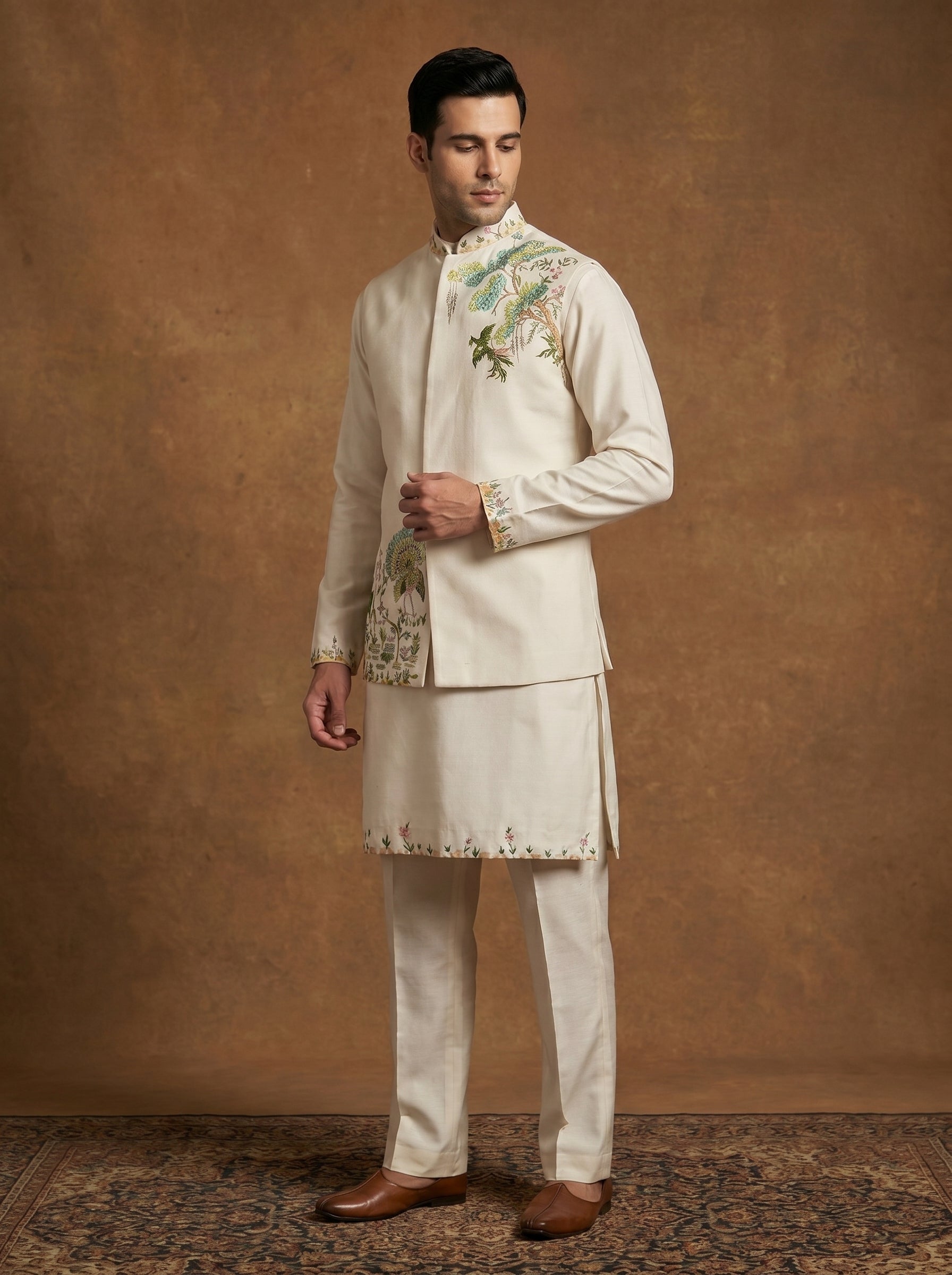 Hand Painted Embroidered Silk Kurta Pajama Waistcoat Set