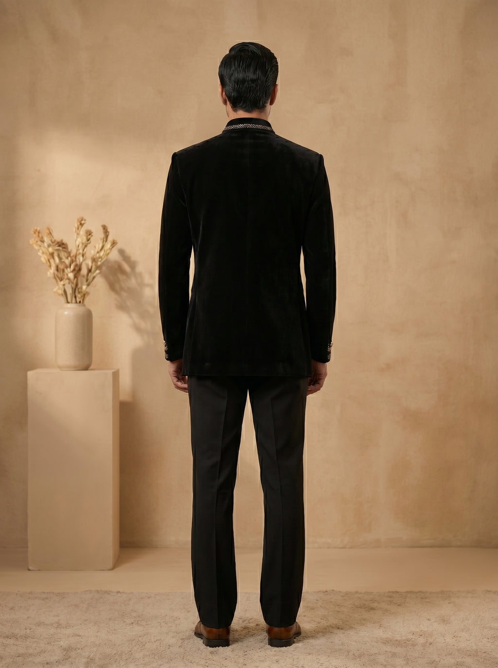 Black silk velvet hand embroidered with metal broach and buttons jodhpuri