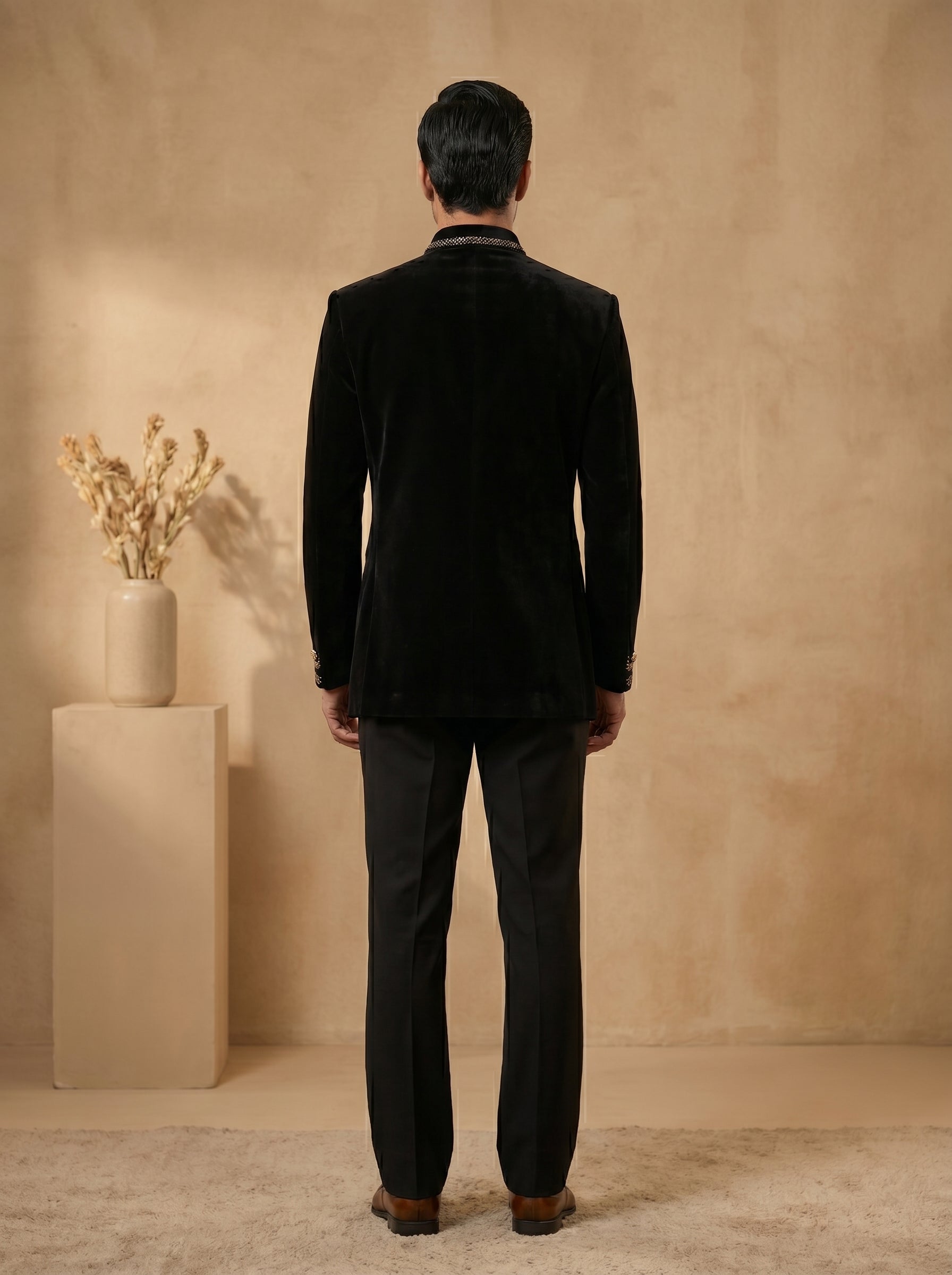 Black silk velvet hand embroidered with metal broach and buttons jodhpuri