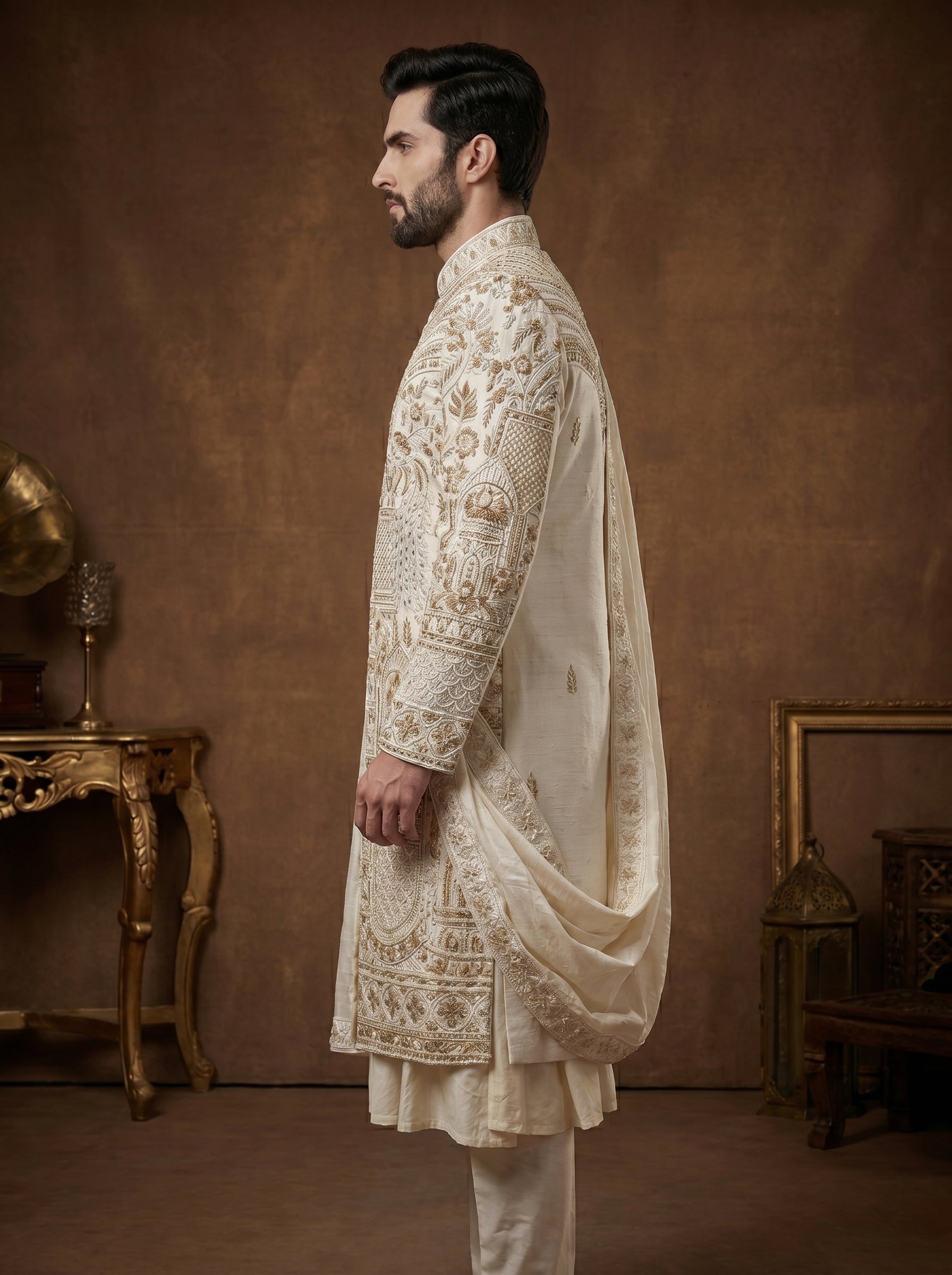 Ivory Silk Sherwani With Hand Embroidery