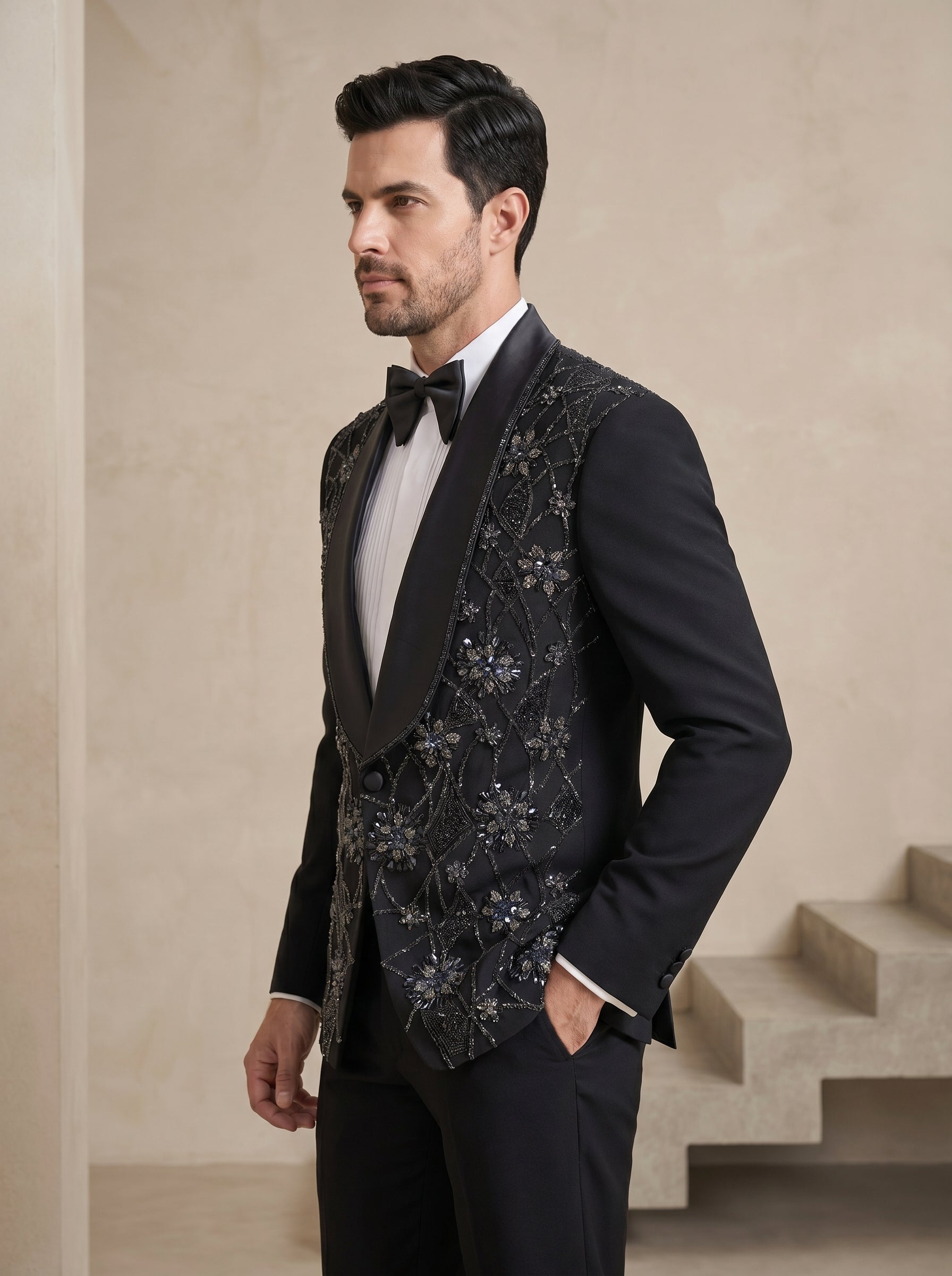 Black Japanese Hand Embroidered Tuxedo