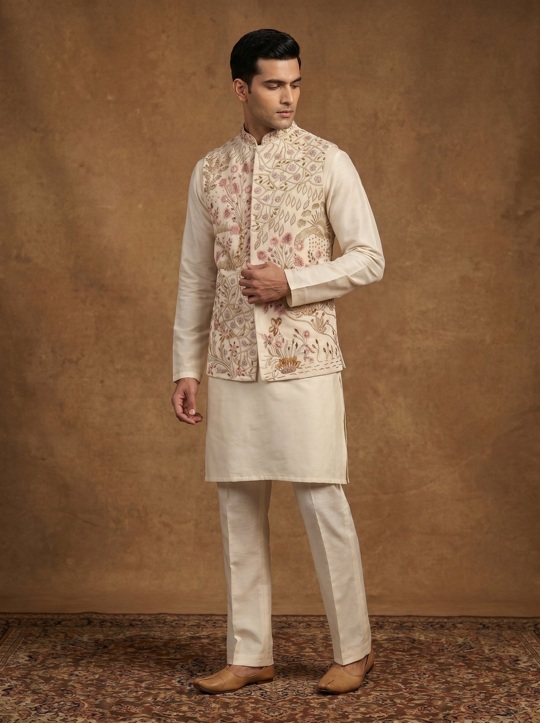 Hand Embroidered Silk Kurta Pajama Waistcoat Set