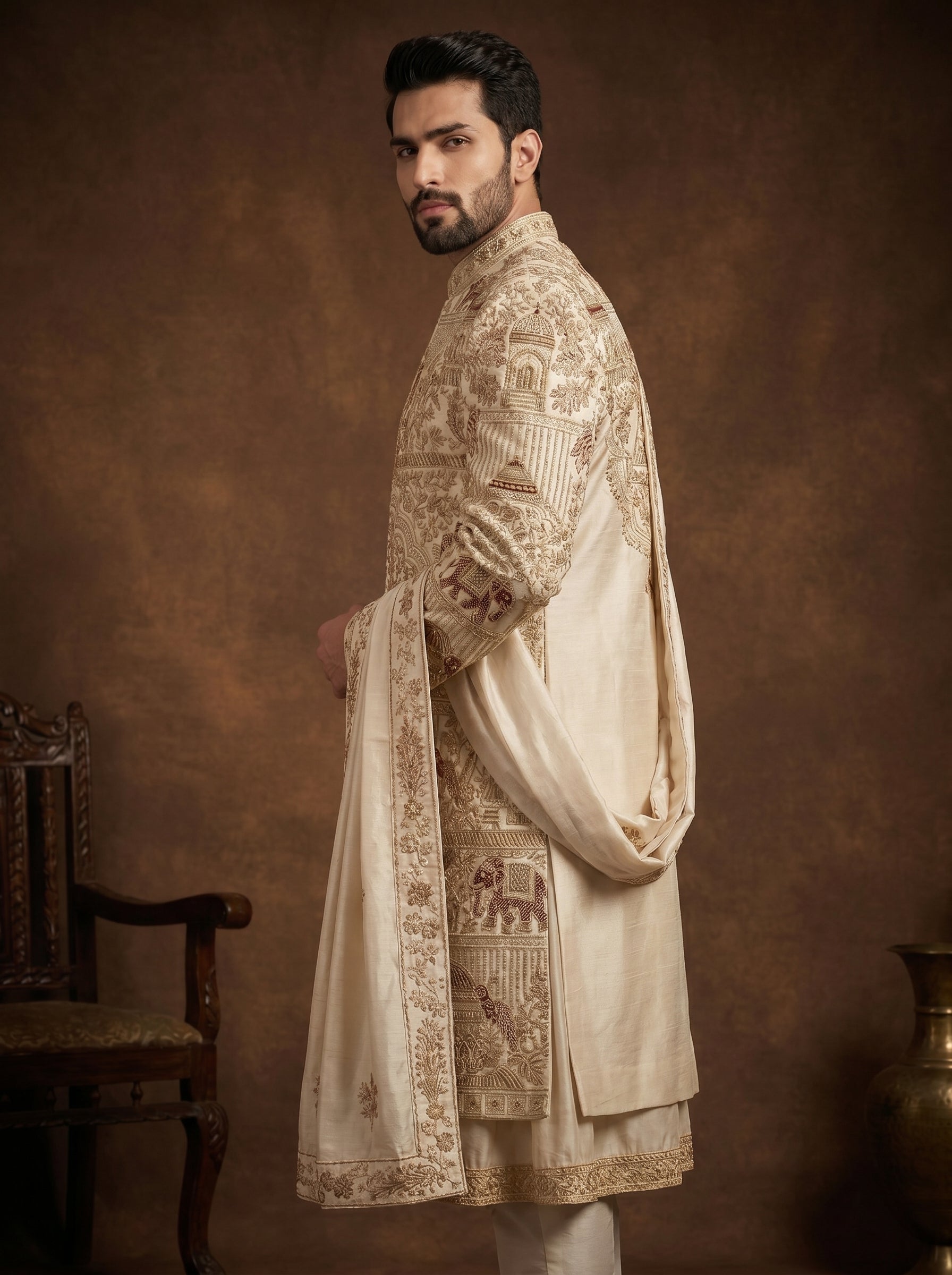 Silk Gold Sherwani With Hand Embroidery