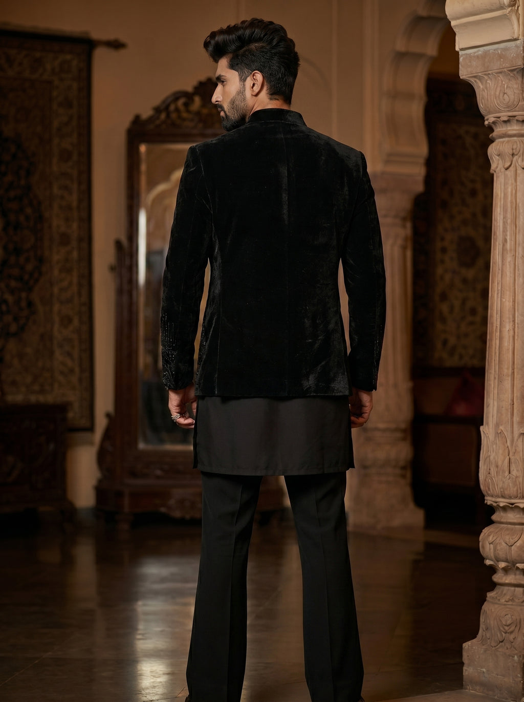 Black velvet embroidered indowestern with hand work