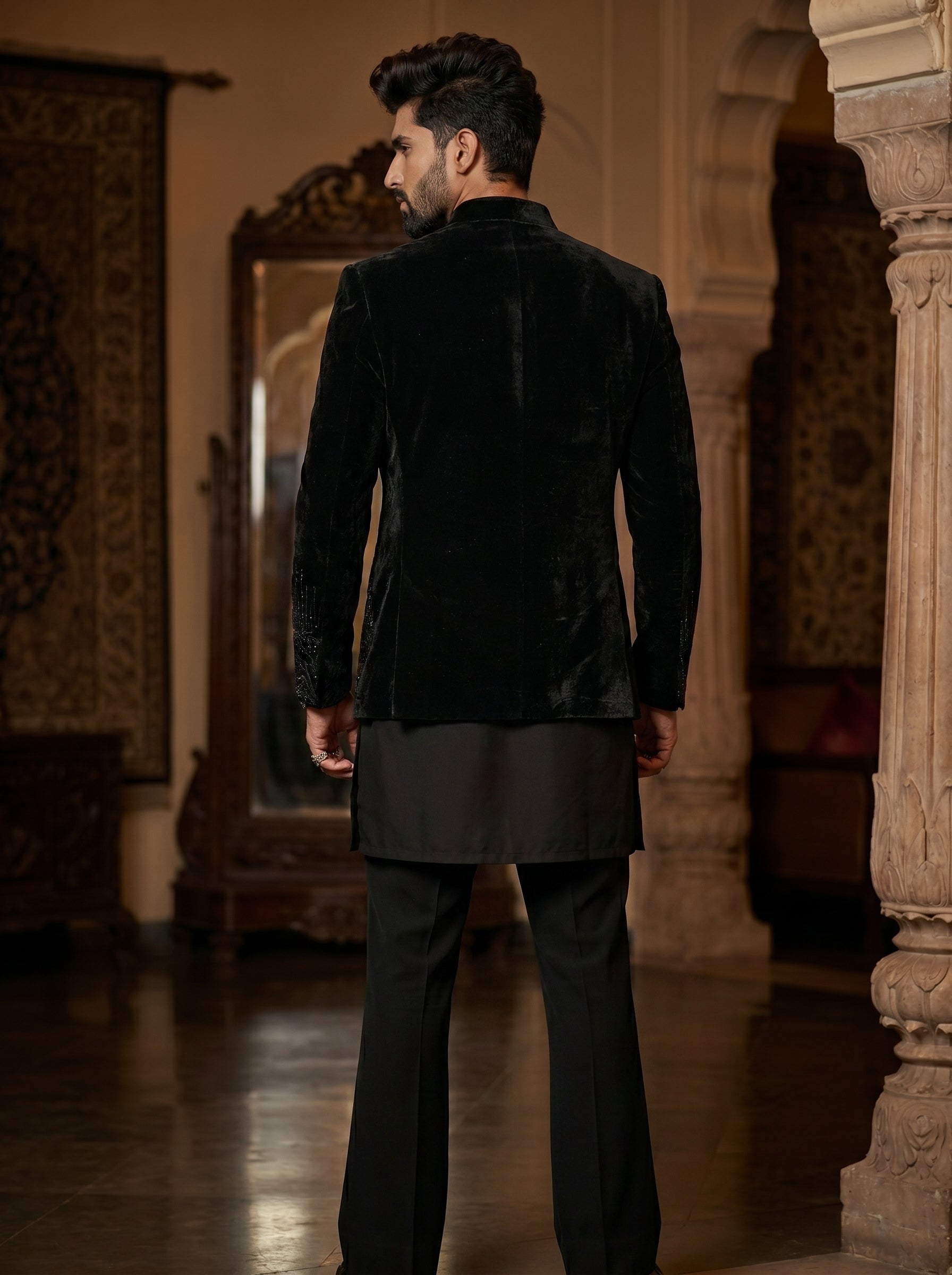 Black velvet embroidered indowestern with hand work