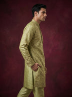 Tissue Fabric Hand Embroidered Kurta Pajama with Off White Bell Bottom