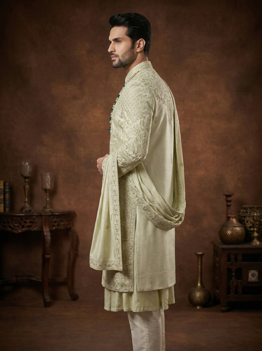 Silk Pista Sherwani With Hand Embroidery