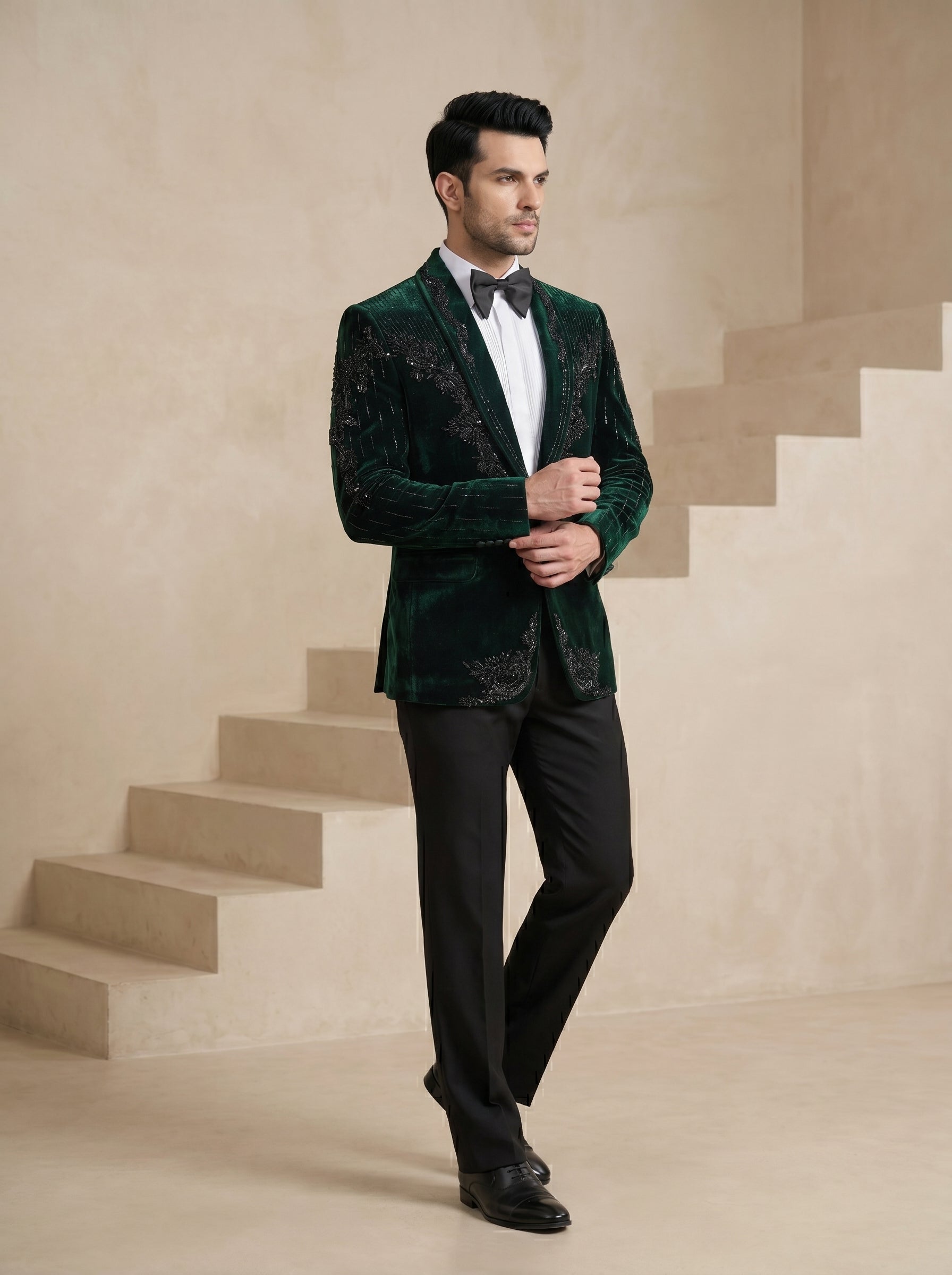 Green Velvet Hand Embroidered Tuxedo