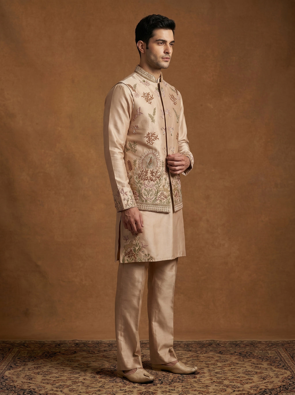 Hand Embroidered Silk Kurta Pajama Waistcoat Set