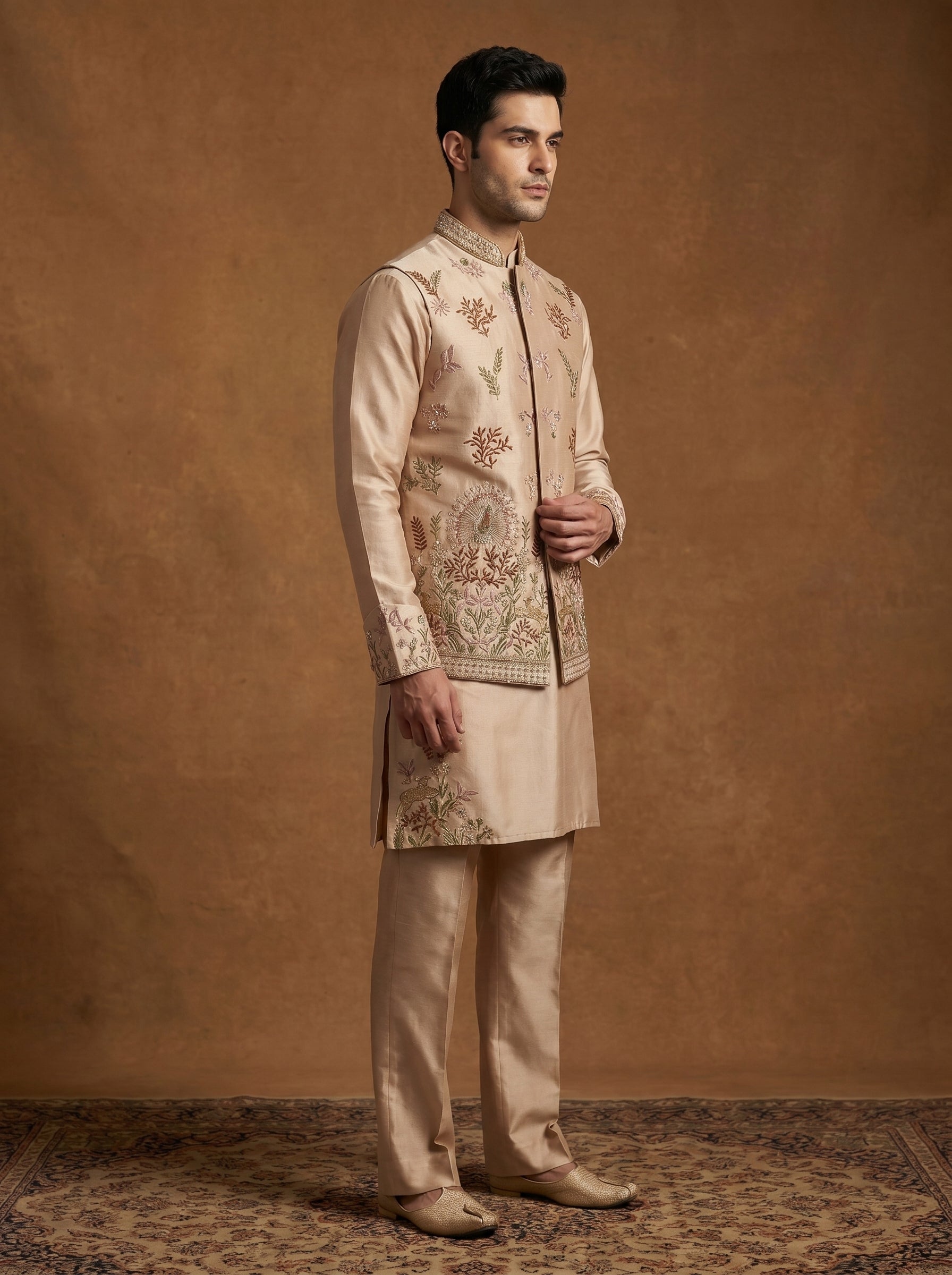 Hand Embroidered Silk Kurta Pajama Waistcoat Set