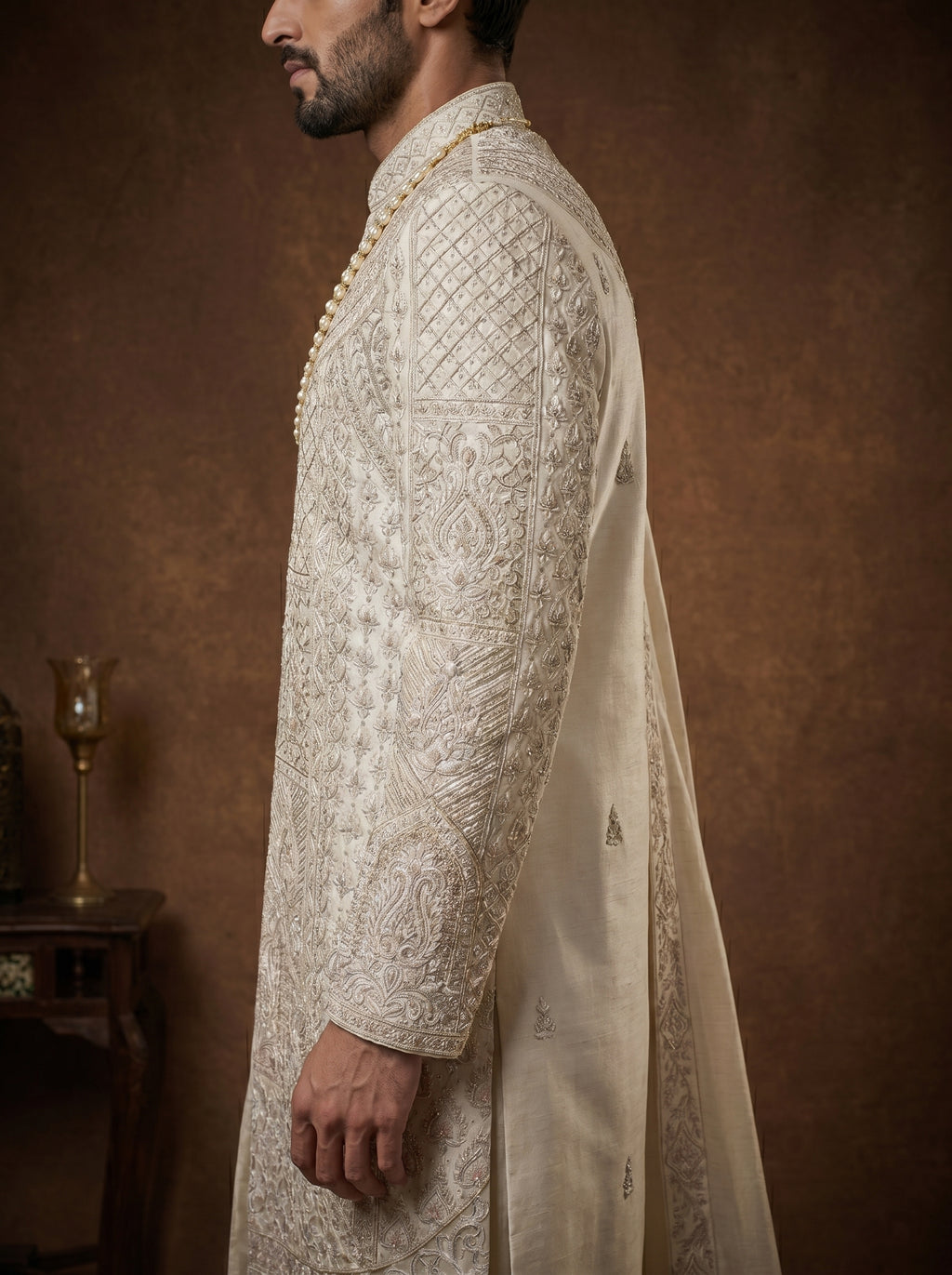 Cream Silk Sherwani With Hand Embroidery