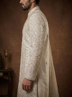 Cream Silk Sherwani With Hand Embroidery