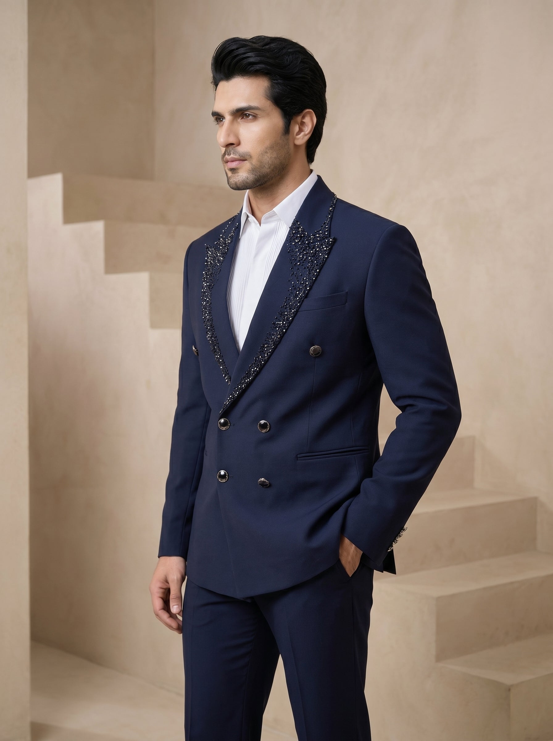 Blue Japanese Hand Embroidered Tuxedo