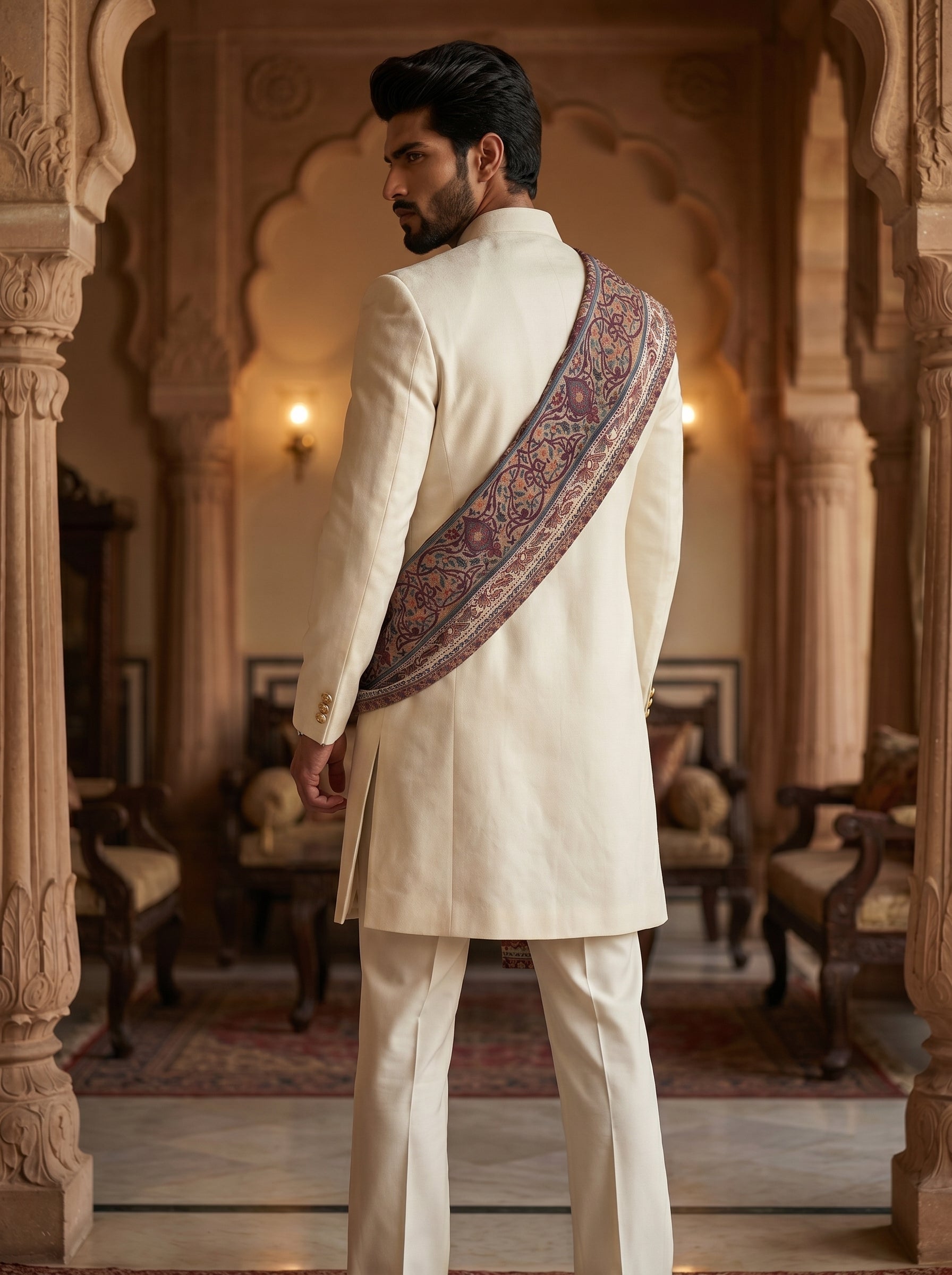 Ivory velvet achkan with hand embroidered and metal broach with stall