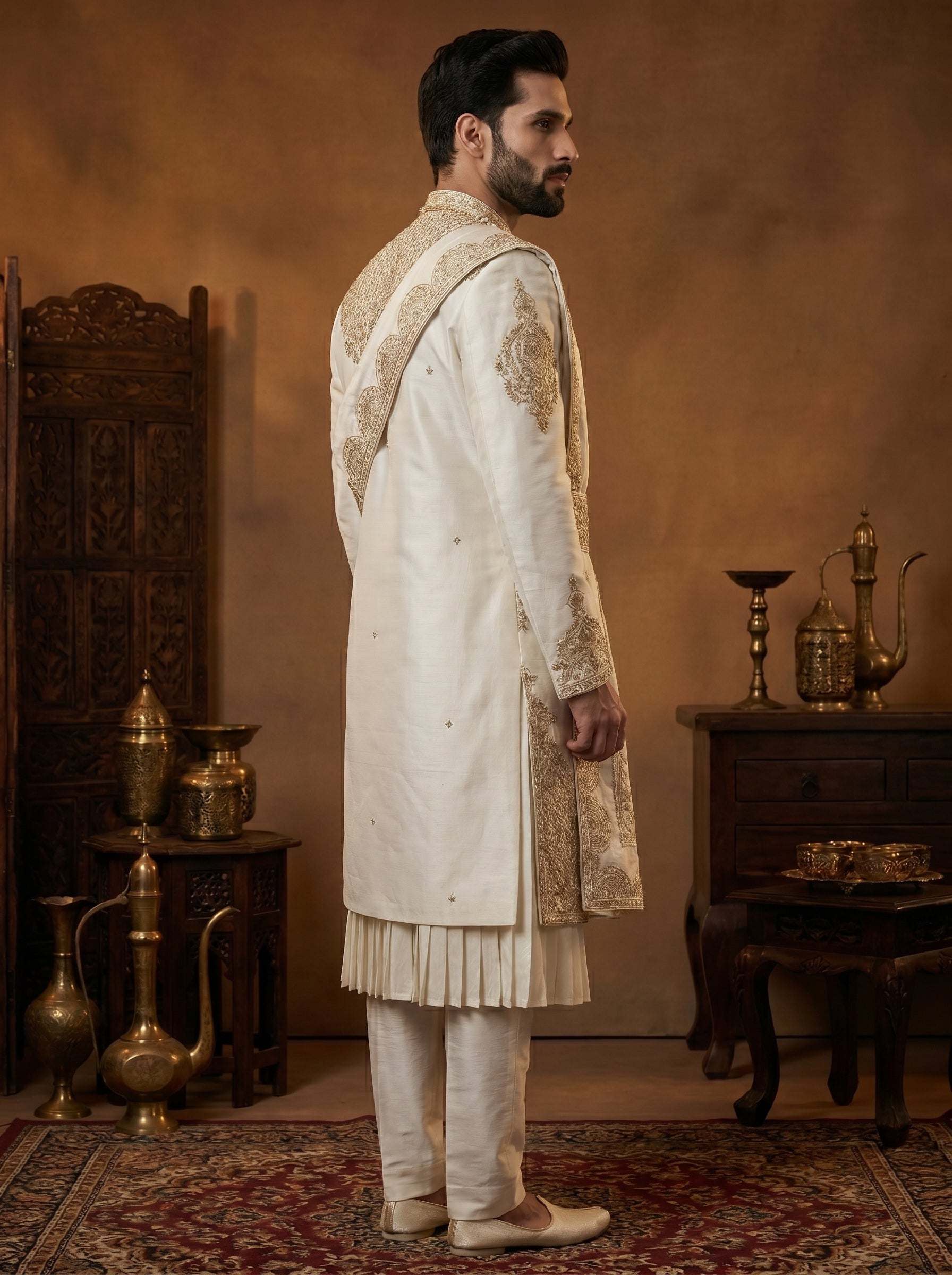 Ivory Silk Sherwani With Hand Embroidery