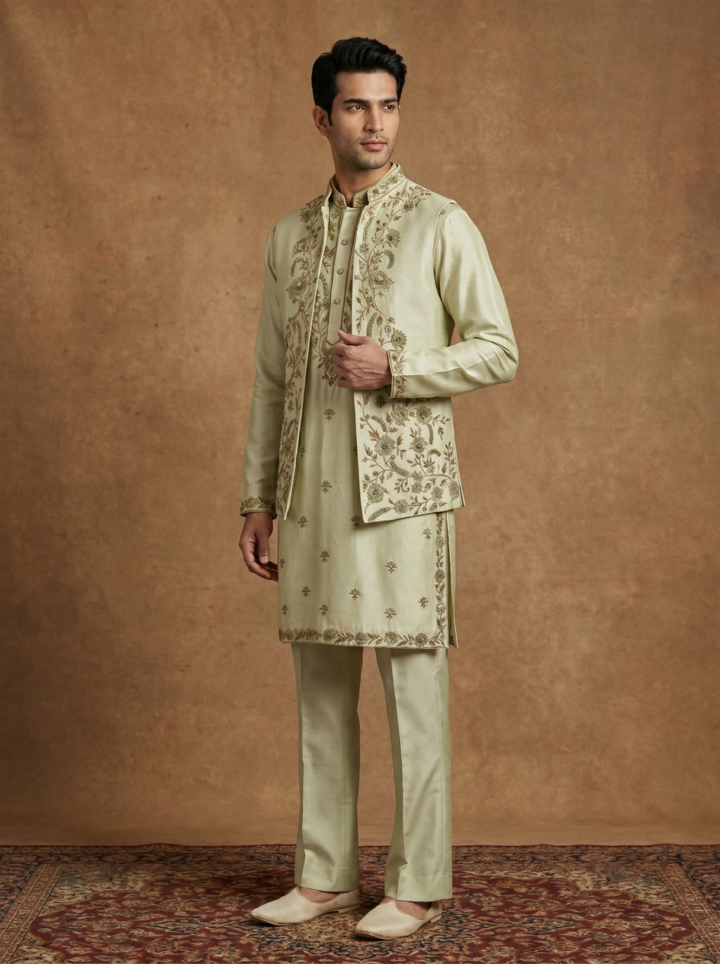 Hand Embroidered Silk Kurta Pajama Waistcoat Set