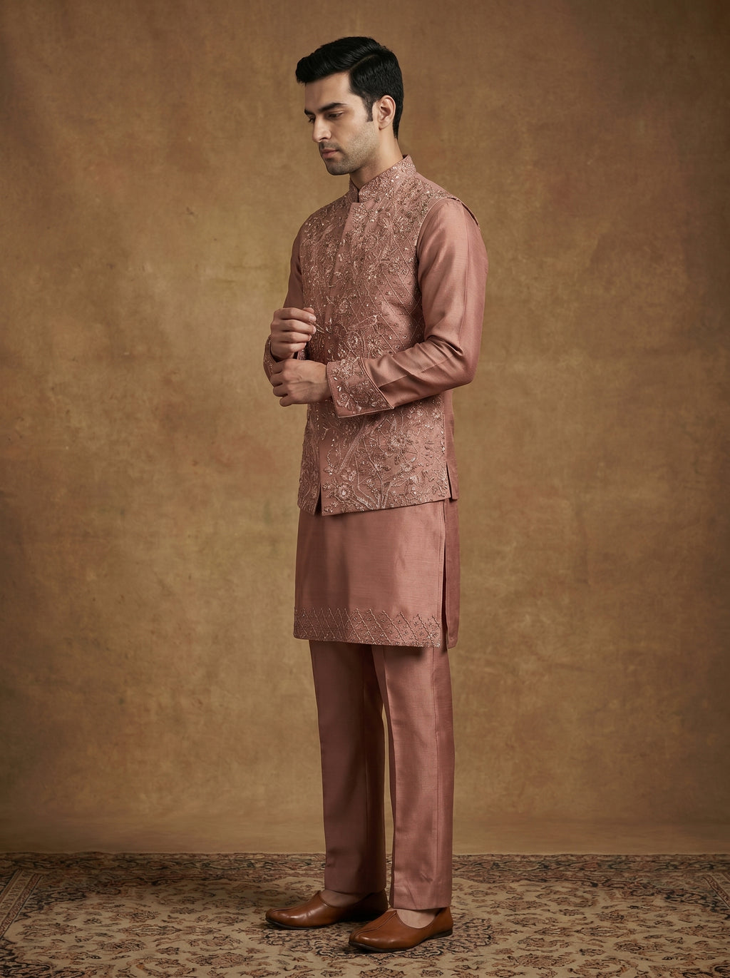 Hand Embroidered Silk Kurta Pajama Waistcoat Set