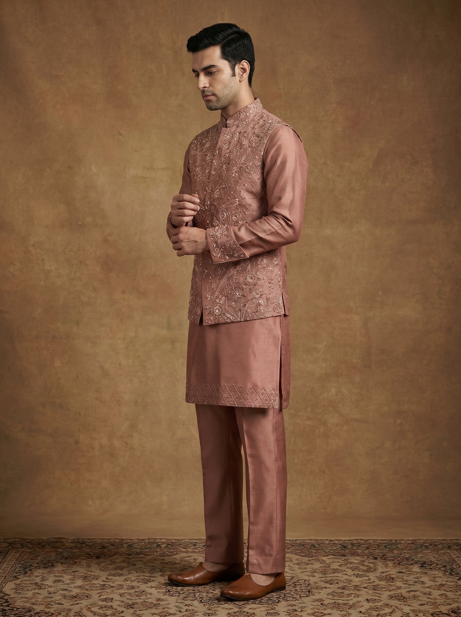 Hand Embroidered Silk Kurta Pajama Waistcoat Set