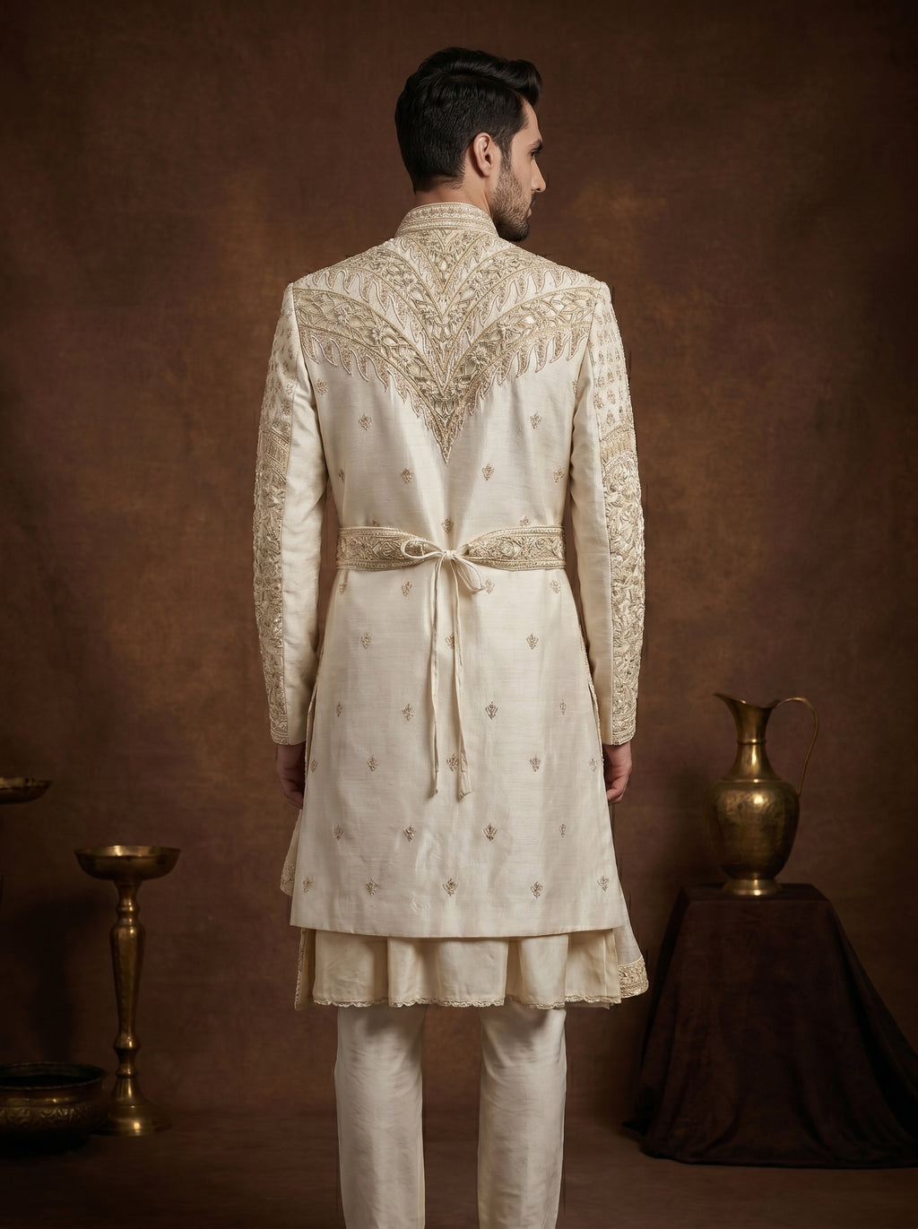 Ivory Silk Sherwani With Hand Embroidery