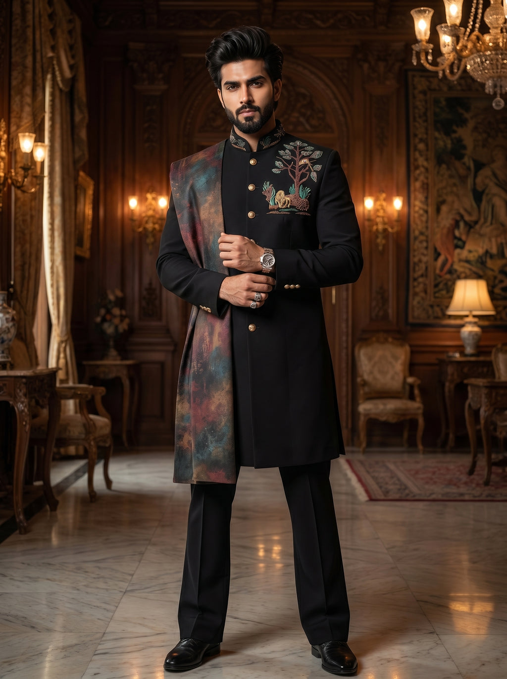 Achkan with metal broach and thread embroidered with a stall