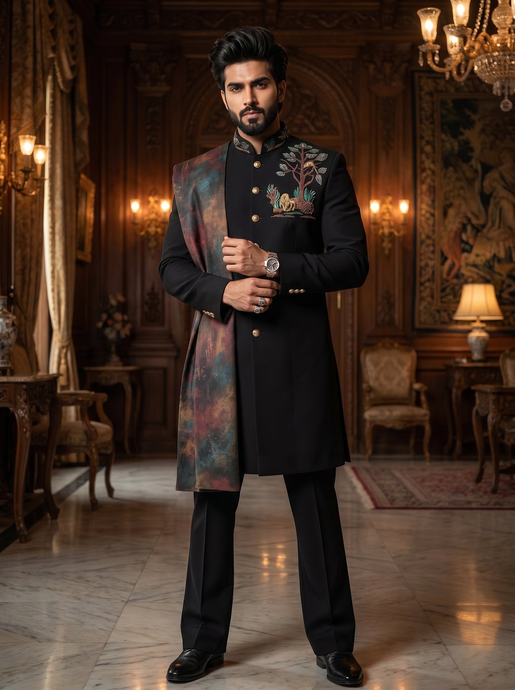 Achkan with metal broach and thread embroidered with a stall